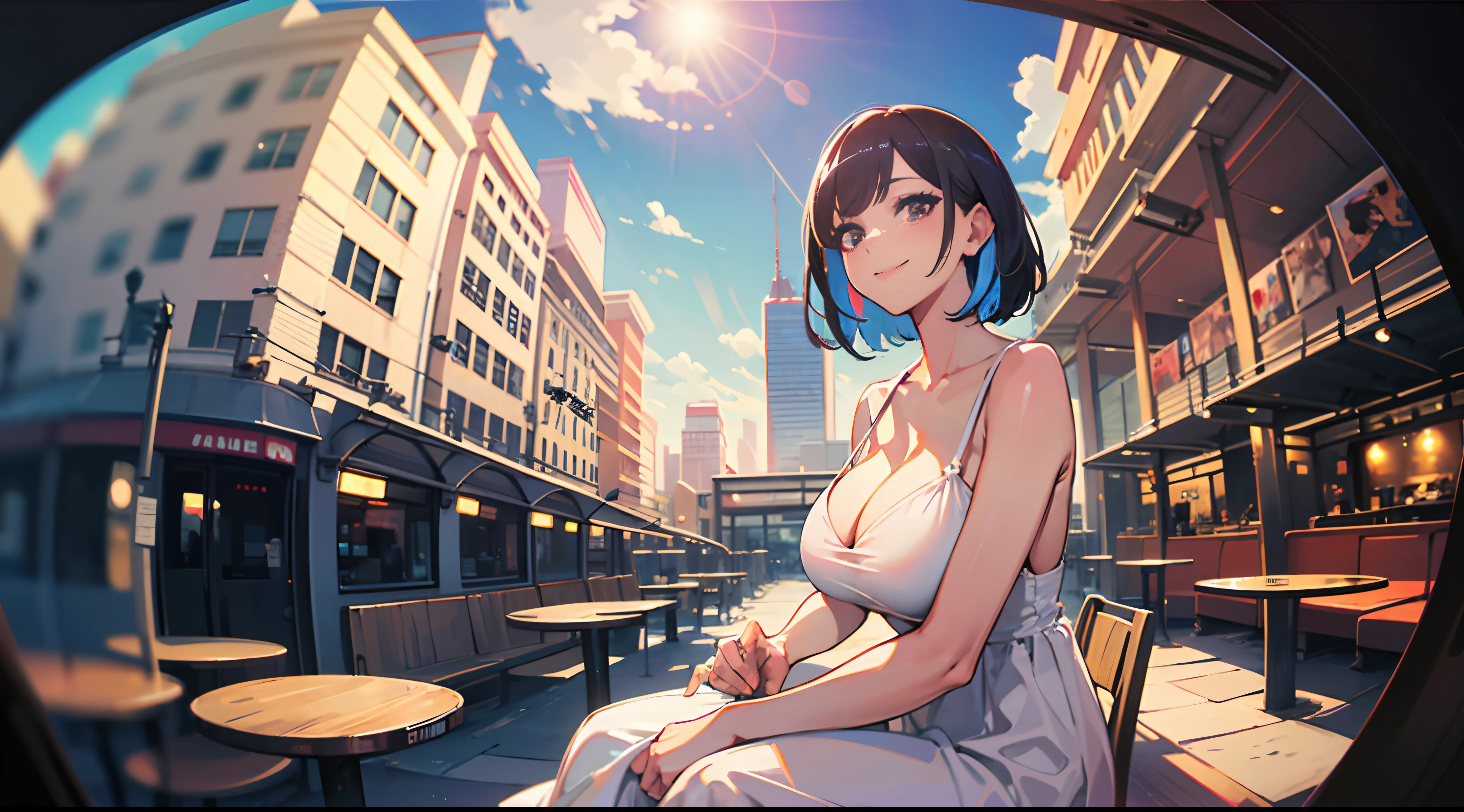 masterpiece, best quality, colorful, fisheye lens, lens flare, 1woman, big boobs, sundress, seductive smile, sitting in restaurant, urban landscape, ,  -variation - --auto --s2