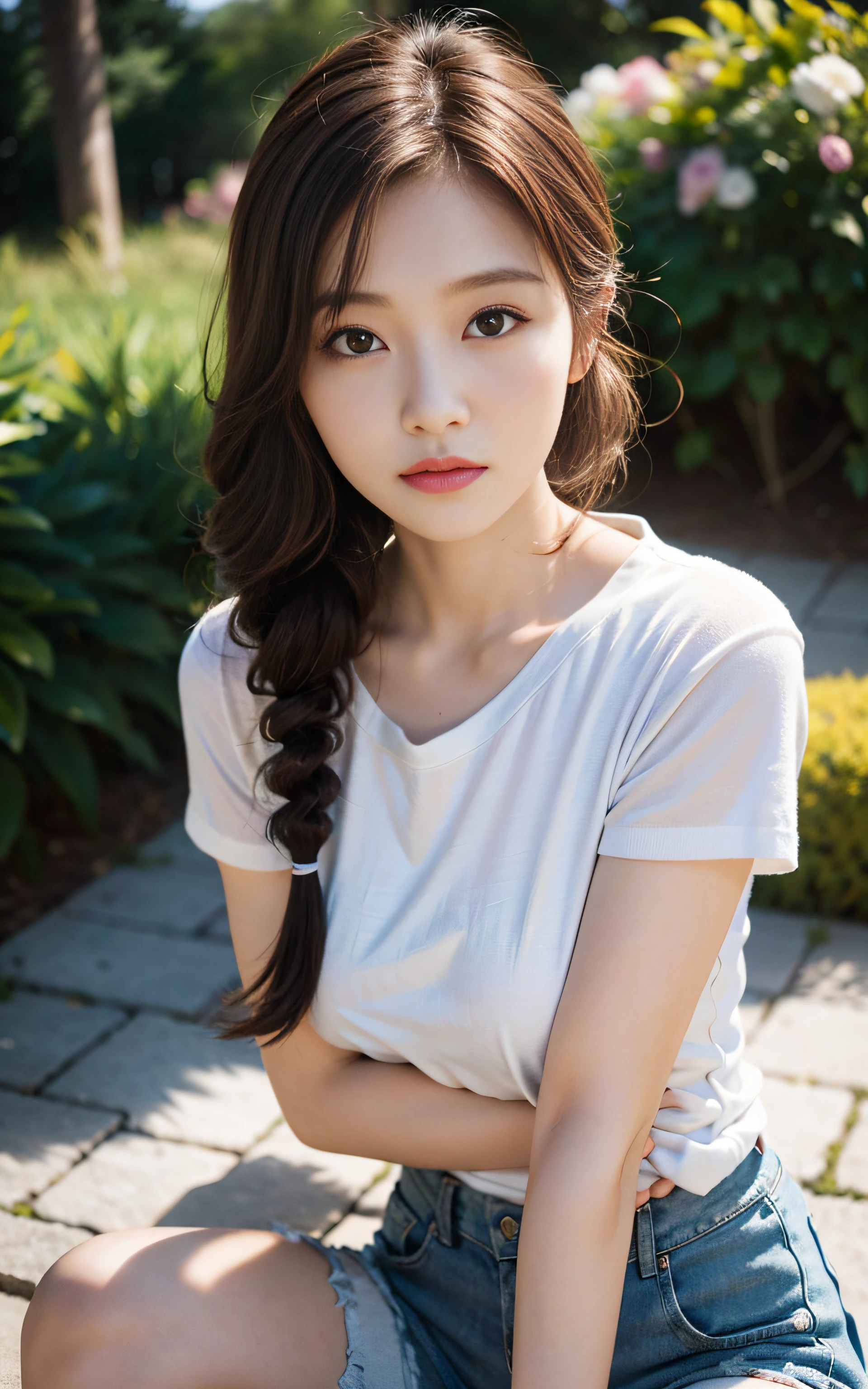 (masutepiece:1.3), (8K, Photorealistic, Raw photography, Best Quality: 1.4), Soft light, Professional Lighting, 1girl in, 16 years old, Neat and clean beauty, Shy, turn pale, Brown medium hair, (random hairstyles :1.2), Outdoors