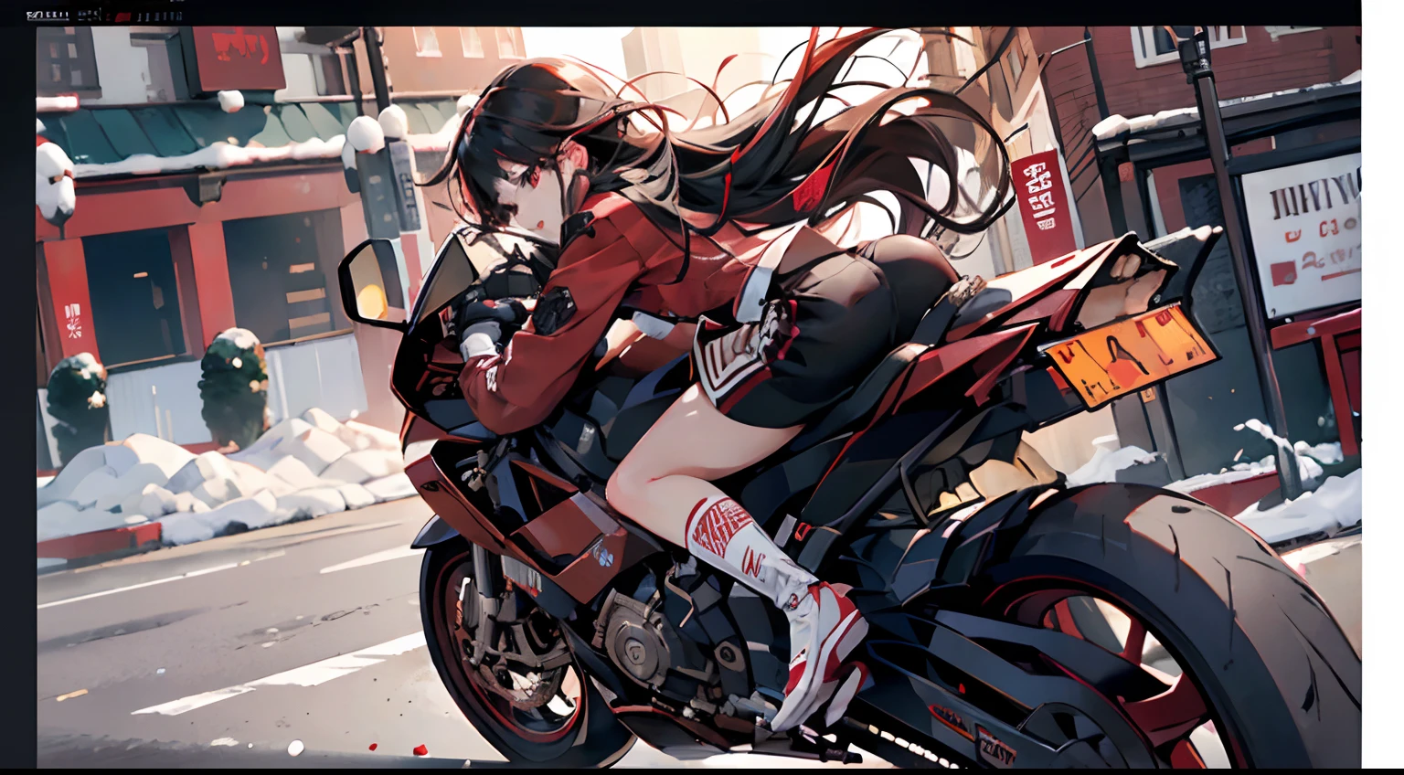 (Best Quality,4K,High resolution), high-level image quality、High quality pixels、Resolution up、Woman in red work clothes with intricate decoration、Long hair with red highlights on black hair、Metallic Red Bike Drift、Expresses a sense of speed and dynamism、Realistic depiction with delicate details、sharp eye、Staring at me