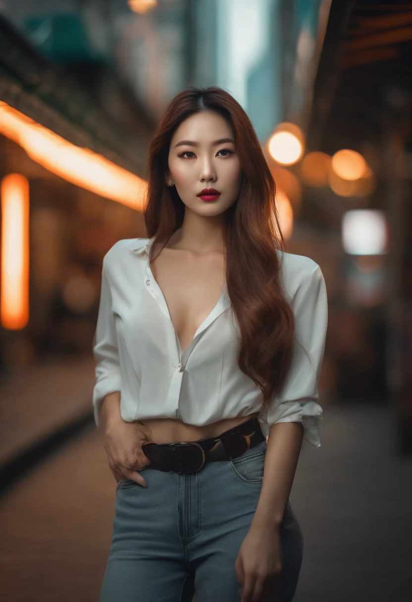 A young and beautiful Korean woman with her hair down, dressed very sexy, posing and looking at the camera, with a street in a cyberpunk style in broad daylight, a Gangnam in the background. (Best Quality, 4k, 8k, High Resolutions, Masterpiece: 1.2), Ultra Detailed, (realistic, photorealistic, photorealistic: 1.37), HDR, UHD, Studio Lighting, Extreme Detail Description, Professional, Vivid Colors, Bokeh Portraits, cyberpunk, street, fashion, Technology Beautiful detailed eyes, beautiful detailed lips, long eyelashes Loose flowing hair, Sexy outfit, Confident pose, Direct look Futuristic neon lights, bustling cityscape, Holographic advertisements Vibrant colors, mysterious atmosphere, Style avant-garde and elegant Sandy textures, Concrete buildings, Advanced technology elements Fashion accessories, high heels, Stylish makeup Dynamic composition, Diagonal lines, Depth and perspective Exciting and avant-garde fashion trends, Modern and trendy atmosphere