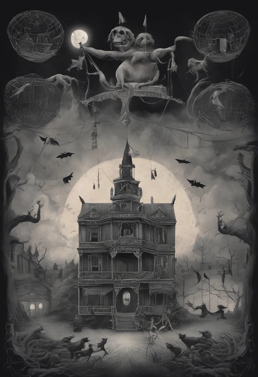 there is a picture of a circus with a cat and a dog, ethereal and dreamy theme, dreamy and detailed, adorable and whimsical, whimsical and cute, witch light carnival, circus background, welcome to the circus, very magical and dreamy, in the white clouds fairyland, illustrated in whimsical style, dreamy illustration, airy midnight theme