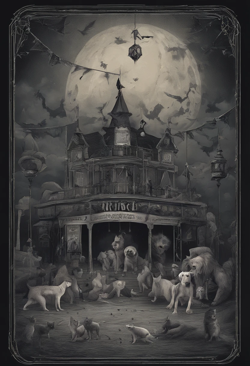 there is a picture of a circus with a cat and a dog, ethereal and dreamy theme, dreamy and detailed, adorable and whimsical, whimsical and cute, witch light carnival, circus background, welcome to the circus, very magical and dreamy, in the white clouds fairyland, illustrated in whimsical style, dreamy illustration, airy midnight theme