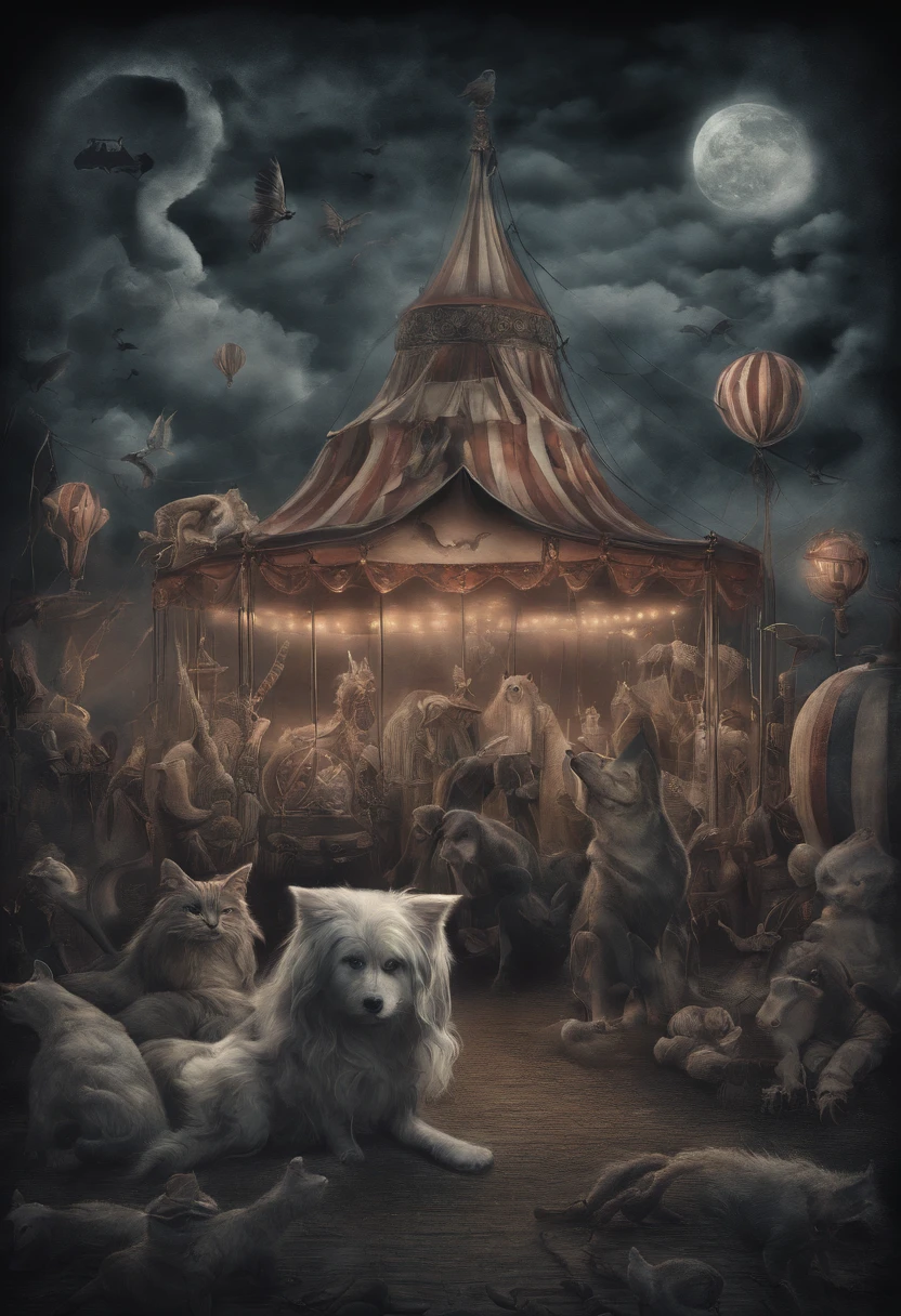 there is a picture of a circus with a cat and a dog, ethereal and dreamy theme, dreamy and detailed, adorable and whimsical, whimsical and cute, witch light carnival, circus background, welcome to the circus, very magical and dreamy, in the white clouds fairyland, illustrated in whimsical style, dreamy illustration, airy midnight theme