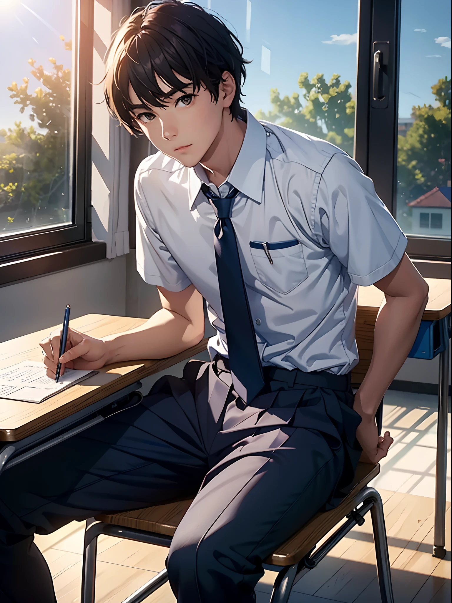 Guy in high school, school uniform, sitting on a desk in the classroom, sun shining thrught the window