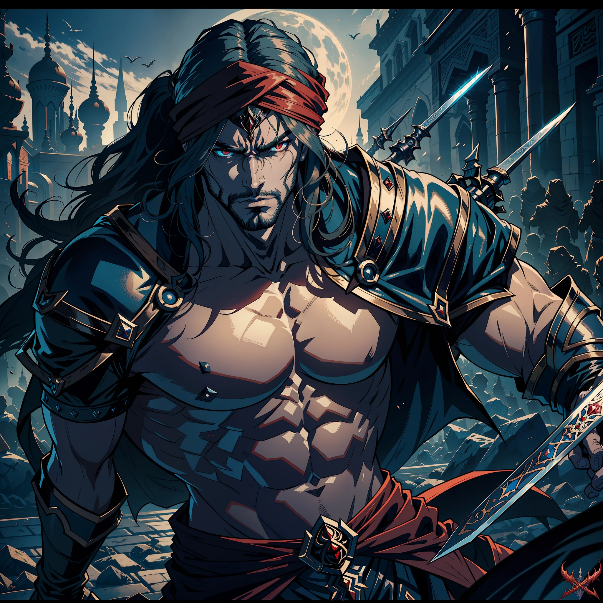 Castlevania Hyper Realistic Shadow Lord Super Detailed Dynamic Shot Centerpiece Cutscene Scenes Epic Movie Legendary Lord Dracula Handsome Muscular with Red Islamic Turban and Moroccan Armor Lord Hokuto no Ken Kenshiro Face Structure Fighting 10 Great Devils with His Great Legendary Moroccan Sword Battle Atmosphere Hyper Realistic Super Detailed Dynamic shot master piece deep 3D camera view deep large battle environment