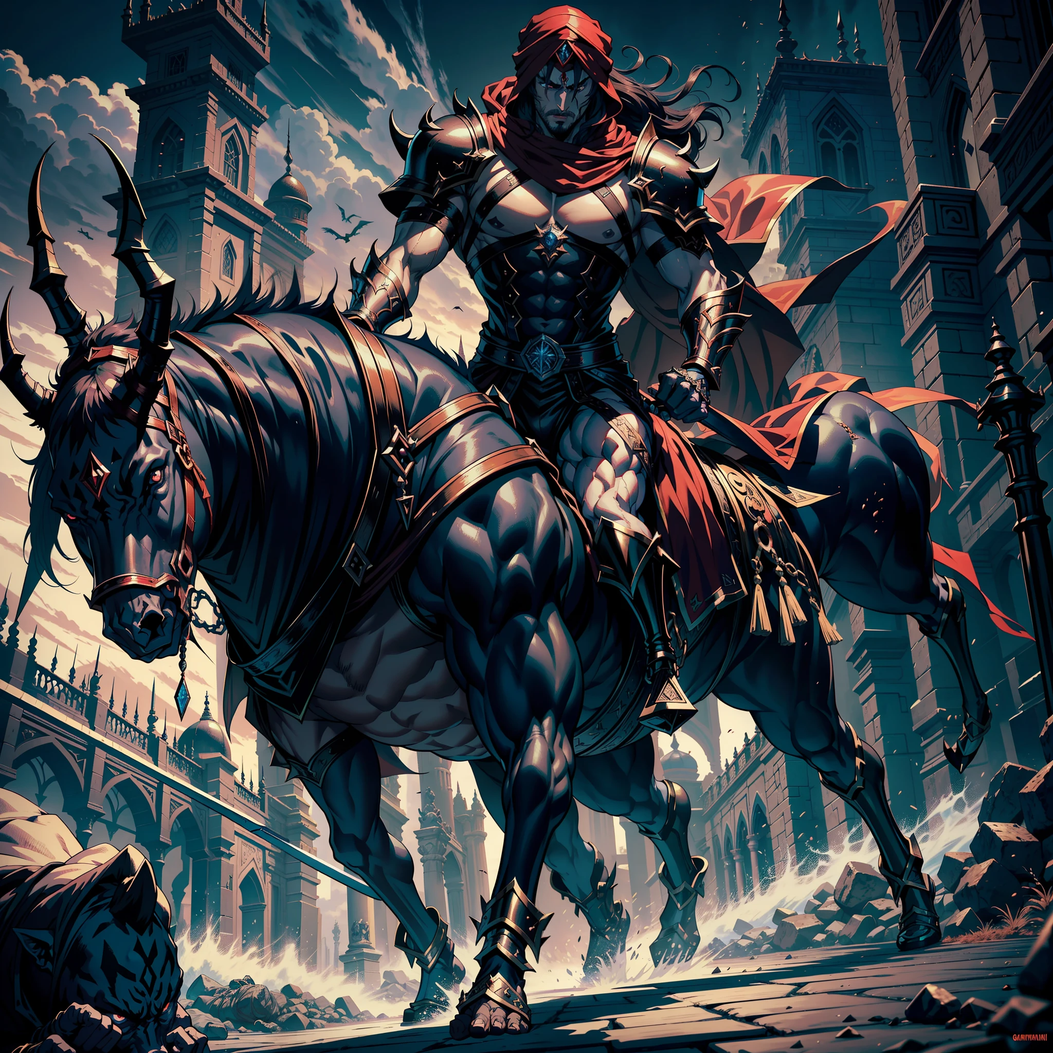 Castlevania Hyper Realistic Shadow Lord Super Detailed Dynamic Shot Centerpiece Cutscene Scenes Epic Movie Legendary Lord Dracula Handsome Muscular with Red Islamic Turban and Moroccan Armor Lord Hokuto no Ken Kenshiro Face Structure Fighting 10 Great Devils with His Great Legendary Moroccan Sword Battle Atmosphere Hyper Realistic Super Detailed Dynamic shot master piece deep 3D camera view deep large battle environment