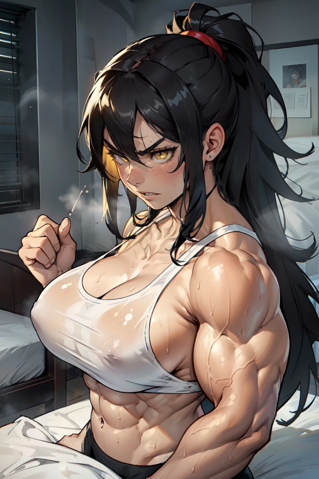 ((((((muscular 1 girl)))))), huge breasts, toned body, black hair, pale skin, yellow eyes, very long hair in bed steamy foggy sweaty angry shiny skin