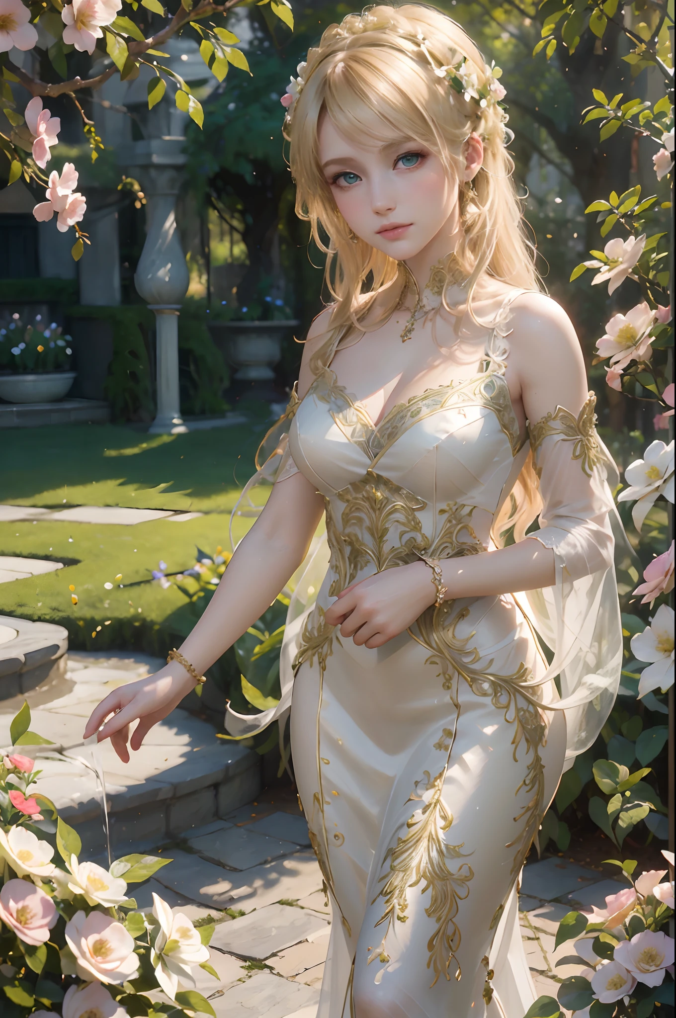 (hight resolution,Photorealistic),blonde hair,Green eyes,Noble young girl,ornate dress,Beautiful garden background,Lush flowers and plants,Elegant posture,delicate facial features,Vivid colors,soft natural lighting,Classical Style of Oil Painting, Strict dress, Medium-sized breasts