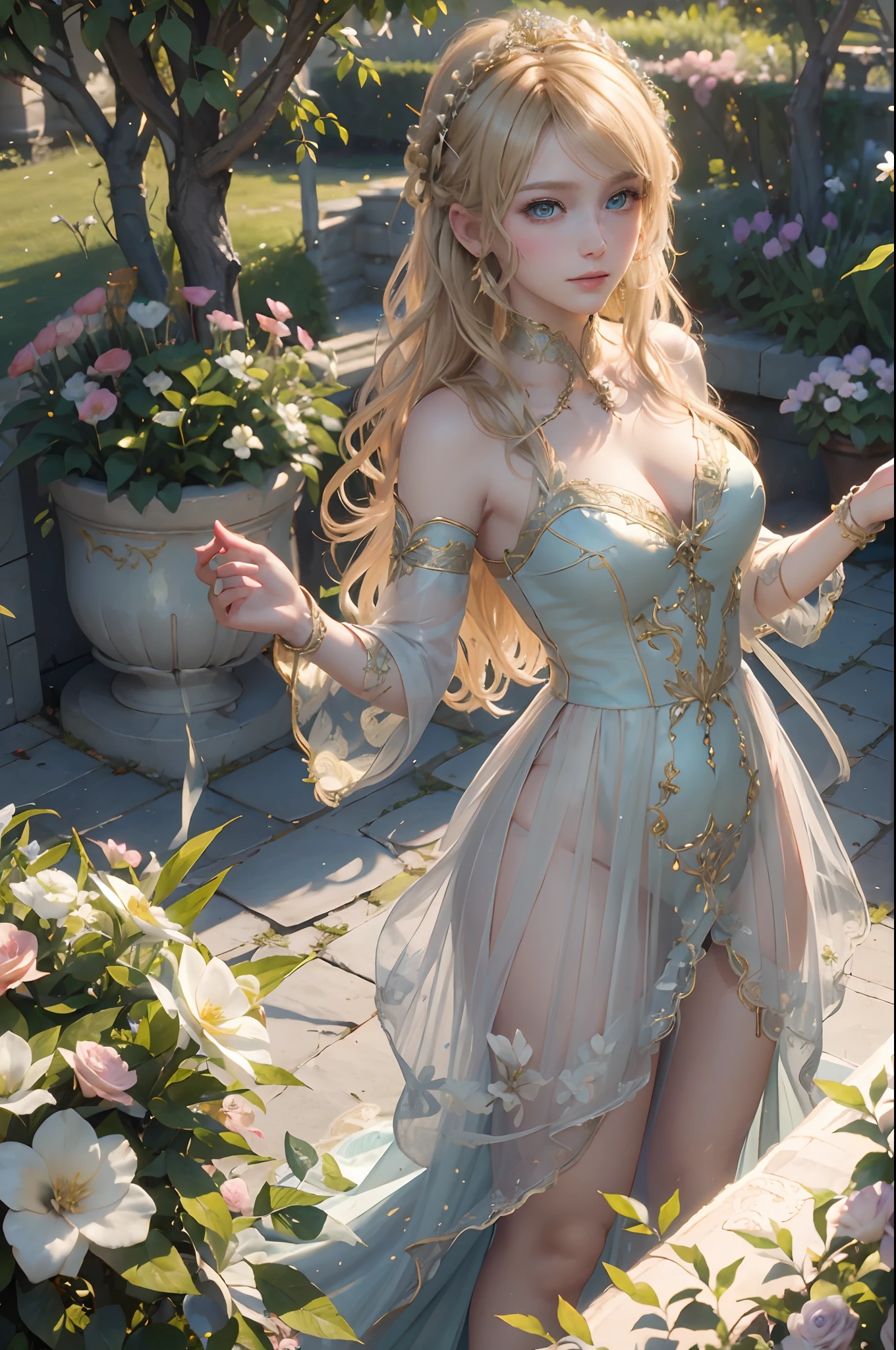 (hight resolution,Photorealistic),blonde hair,Green eyes,Noble young girl,ornate dress,Beautiful garden background,Lush flowers and plants,Elegant posture,delicate facial features,Vivid colors,soft natural lighting,Classical Style of Oil Painting, Strict dress, Medium-sized breasts