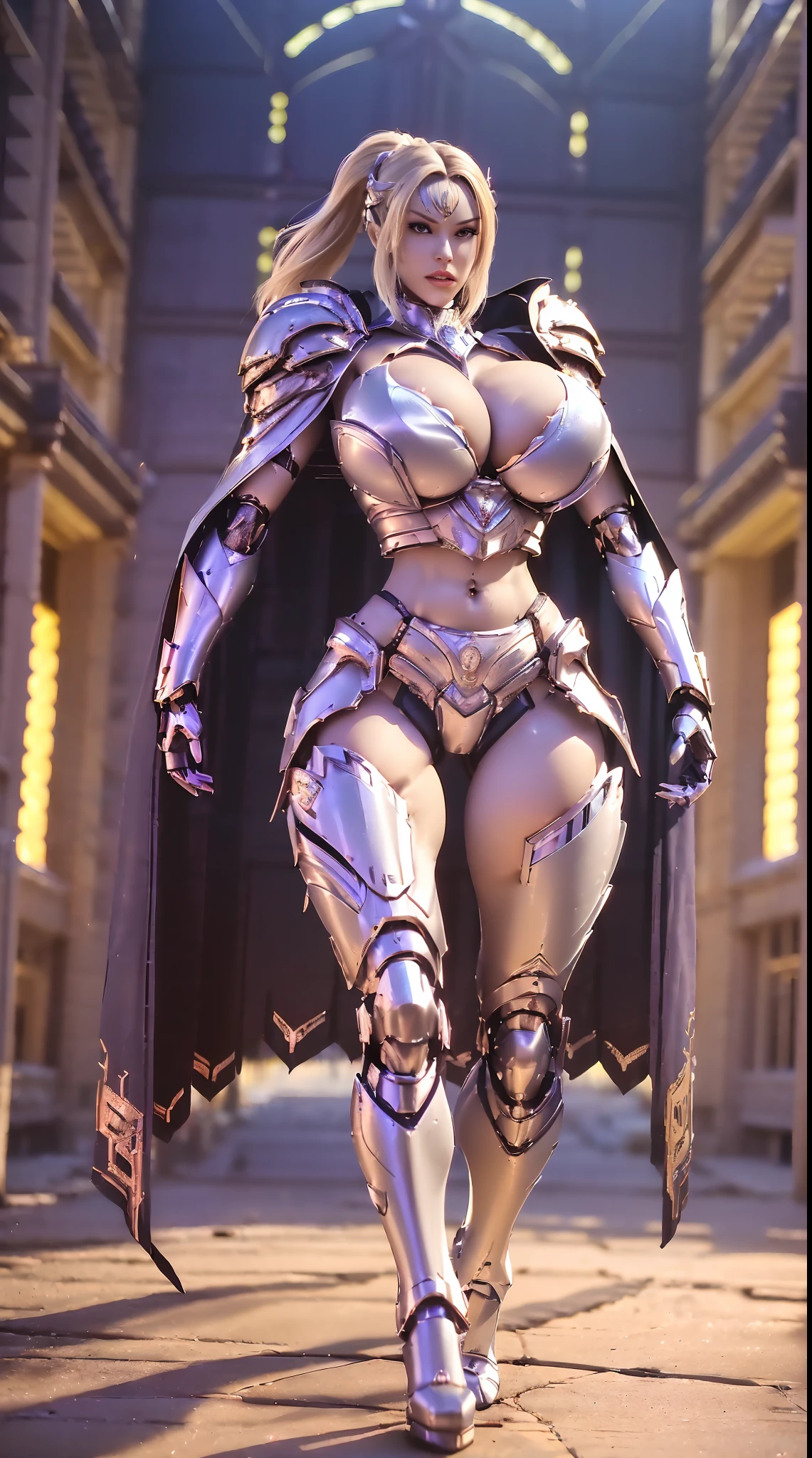 1GIRL, SOLO, PONYTAIL, HAIR ORNAMENT, (HUGE FAKE BOOBS:1.3), (MECHA ARMOR CROP TOP, ROYAL CAPE, CLEAVAGE:1.5), (SKINTIGHT YOGA PANTS, HIGH HEELS:1.2), (SEXY BODY, MUSCLE ABS, LONG LEGS, FULL BODY:1.5), (LOOKING AT VIEWER:1.5), (WALKING DOWN STREET CYBER NIGHT CITY:1.2), ULTRA HIGHT DEFINITION, 8K, 1080P.