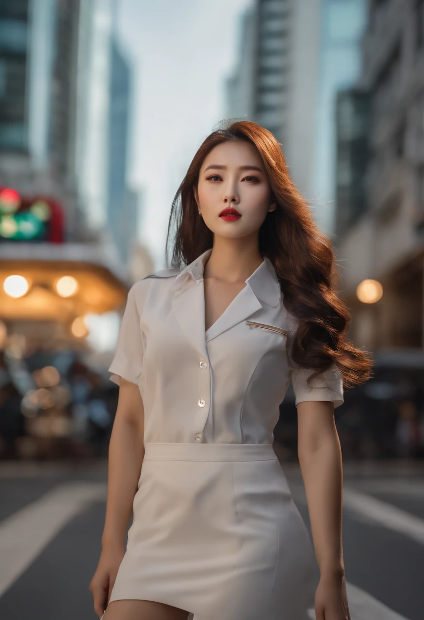 A young and beautiful Korean woman with her hair down, dressed boldly in a school uniform, posing and looking at the camera, in broad daylight, with Gangnam in the background. (Best Quality, 4k, 8k, High Resolutions, Masterpiece: 1.2), Ultra Detailed, (realistic, photorealistic, photorealistic: 1.37), HDR, UHD, Studio Lighting, Extreme Detail Description, Professional, Vivid Colors, Bokeh Portraits, cyberpunk, street, fashion, Technology Beautiful detailed eyes, beautiful detailed lips, long eyelashes Loose flowing hair, Sexy outfit, Confident pose, Direct look Futuristic neon lights, bustling cityscape, Holographic advertisements Vibrant colors, mysterious atmosphere, Style avant-garde and elegant Sandy textures, Concrete buildings, Advanced technology elements Fashion accessories, high heels, Stylish makeup Dynamic composition, Diagonal lines, Depth and perspective Exciting and avant-garde fashion trends, Modern and trendy atmosphere