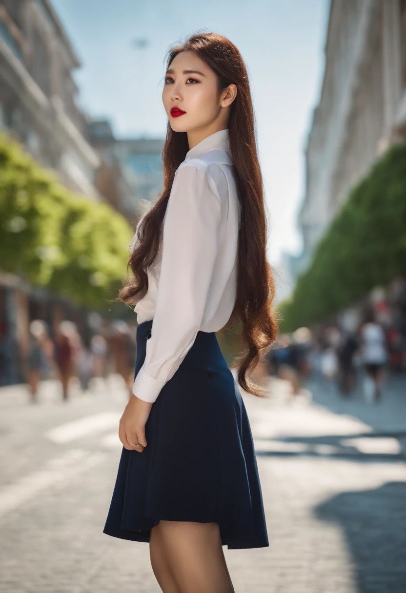 A young and beautiful Korean woman with her hair down, dressed boldly in a school uniform, posing and looking at the camera, in broad daylight, with Gangnam in the background. (Best Quality, 4k, 8k, High Resolutions, Masterpiece: 1.2), Ultra Detailed, (realistic, photorealistic, photorealistic: 1.37), HDR, UHD, Studio Lighting, Extreme Detail Description, Professional, Vivid Colors, Bokeh Portraits, cyberpunk, street, fashion, Technology Beautiful detailed eyes, beautiful detailed lips, long eyelashes Loose flowing hair, Sexy outfit, Confident pose, Direct look Futuristic neon lights, bustling cityscape, Holographic advertisements Vibrant colors, mysterious atmosphere, Style avant-garde and elegant Sandy textures, Concrete buildings, Advanced technology elements Fashion accessories, high heels, Stylish makeup Dynamic composition, Diagonal lines, Depth and perspective Exciting and avant-garde fashion trends, Modern and trendy atmosphere