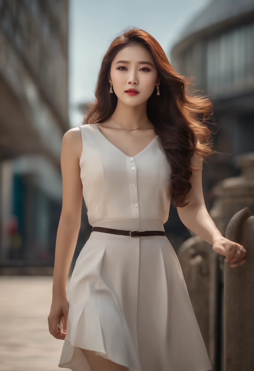 A young and beautiful Korean woman with her hair down, dressed boldly in a school uniform, posing and looking at the camera, in broad daylight, with Gangnam in the background. (Best Quality, 4k, 8k, High Resolutions, Masterpiece: 1.2), Ultra Detailed, (realistic, photorealistic, photorealistic: 1.37), HDR, UHD, Studio Lighting, Extreme Detail Description, Professional, Vivid Colors, Bokeh Portraits, cyberpunk, street, fashion, Technology Beautiful detailed eyes, beautiful detailed lips, long eyelashes Loose flowing hair, Sexy outfit, Confident pose, Direct look Futuristic neon lights, bustling cityscape, Holographic advertisements Vibrant colors, mysterious atmosphere, Style avant-garde and elegant Sandy textures, Concrete buildings, Advanced technology elements Fashion accessories, high heels, Stylish makeup Dynamic composition, Diagonal lines, Depth and perspective Exciting and avant-garde fashion trends, Modern and trendy atmosphere