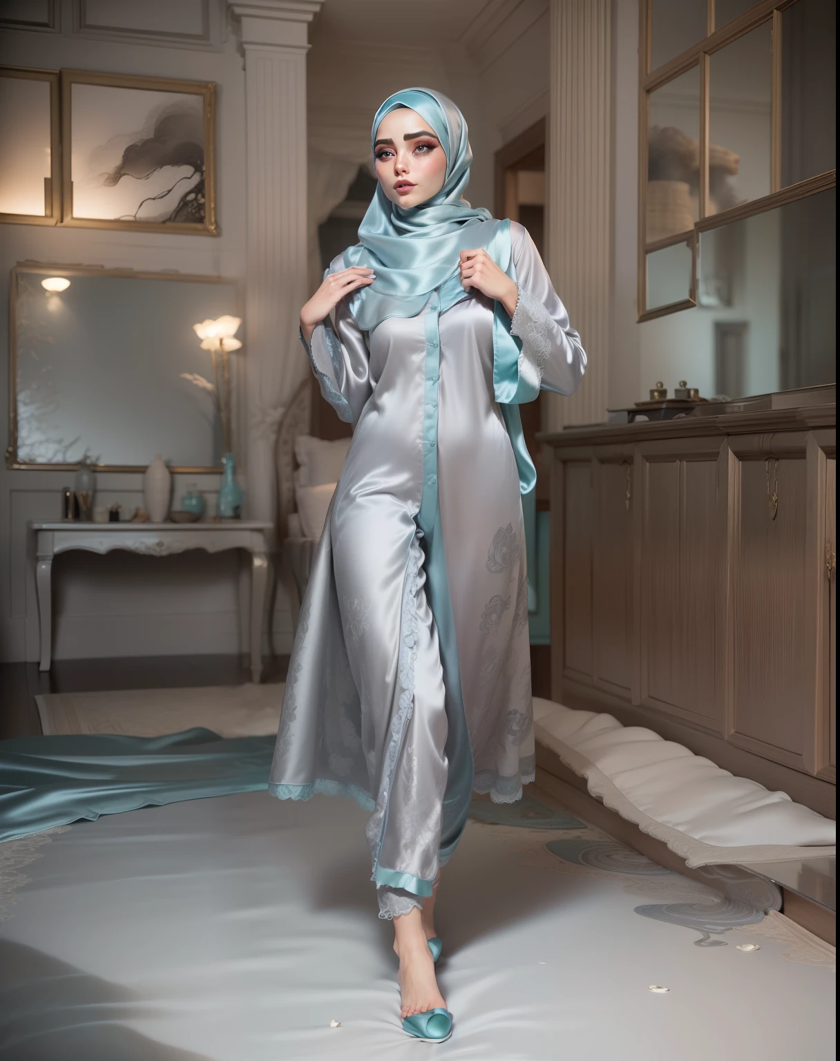 3DMM, ((Masterpiece, best quality, photography, detailed skin, realistic, photo-realistic, 8k, highly detailed, full length frame, High detail RAW color art, diffused soft lighting, shallow depth of field, sharp focus, hyperrealism, cinematic lighting, hijab, a woman in a beautifully makeup, smokey eyeshadow, beautiful big eyes, long eye lashes, wearing (aqua satin hijab), loosely tide hijab style, ((gray satin pyjamas)),