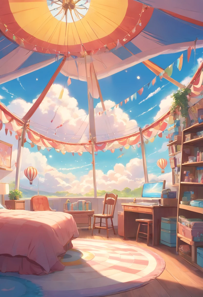 a close up of a 's room with a wall mural of a circus tent, adorable and whimsical, whimsical and cute, ethereal and dreamy theme, dreamy and detailed, whimsical, whimsical!!, lie on white clouds fairyland, fantasy themed, fantasy theme, very magical and dreamy, circus, as an air balloon, adorable design, in the white clouds fairyland