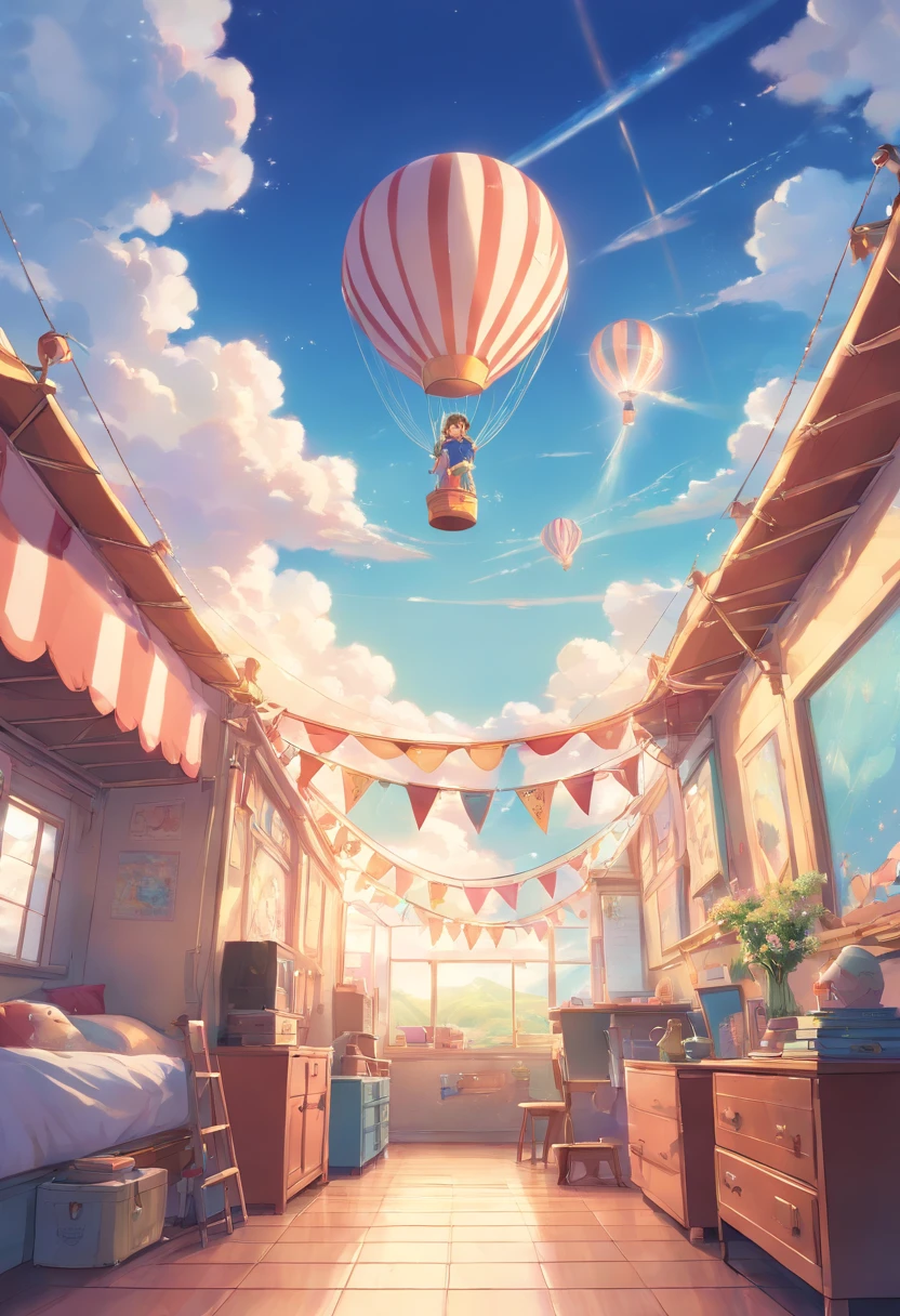 a close up of a child's room with a wall mural of a circus tent, adorable and whimsical, whimsical and cute, ethereal and dreamy theme, dreamy and detailed, whimsical, whimsical!!, lie on white clouds fairyland, fantasy themed, fantasy theme, very magical and dreamy, circus, as an air balloon, adorable design, in the white clouds fairyland