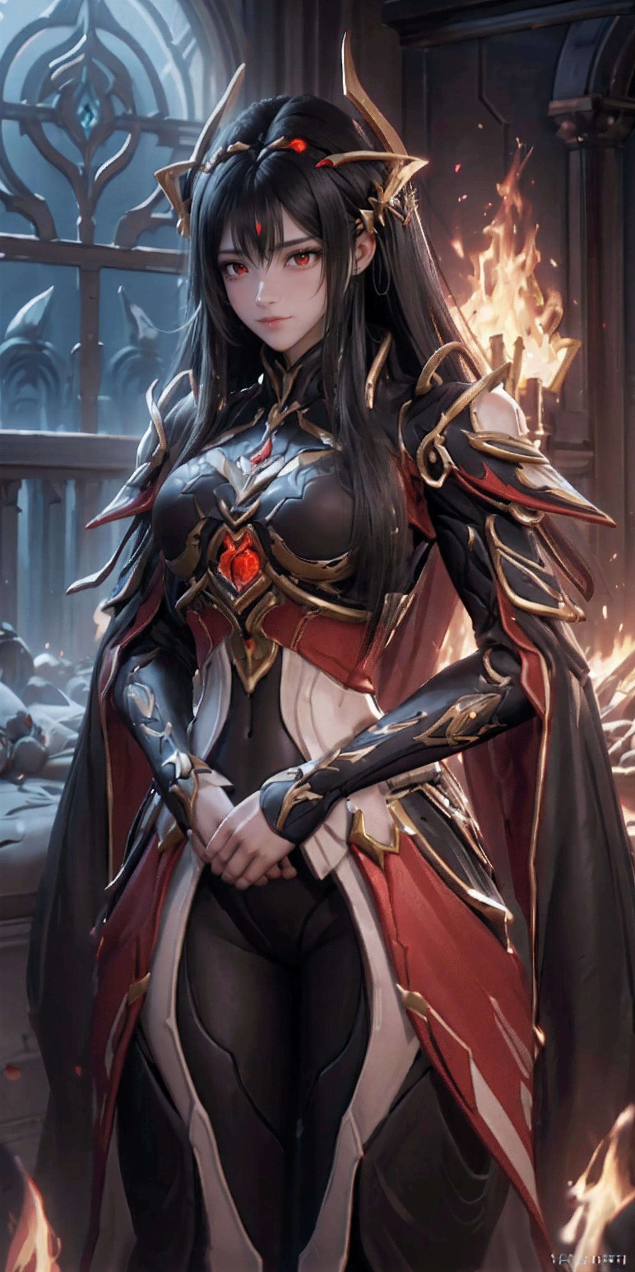 beautiful detailed background, octane render, 8k, best quality, masterpiece, illustration, extremely delicate and beautiful, detailed,extremely detailed,CG,unity,wallpaper,Amazing, fine detail, realistic art: 1.2 ,masterpiece, best quality, official art, extremely detailed CG unity 8k wallpaper,1girl, (((long black straight hair,))), dark knight,red eyes,beautiful face, upper body,(black Armor and red robe,) looking at view, realistic photo,Evil laugh,
(hiqcgbody) ,perfect female figure,earring,narrow waist, (looking at view), alluring,prestige,(fire,indoor,ruins)