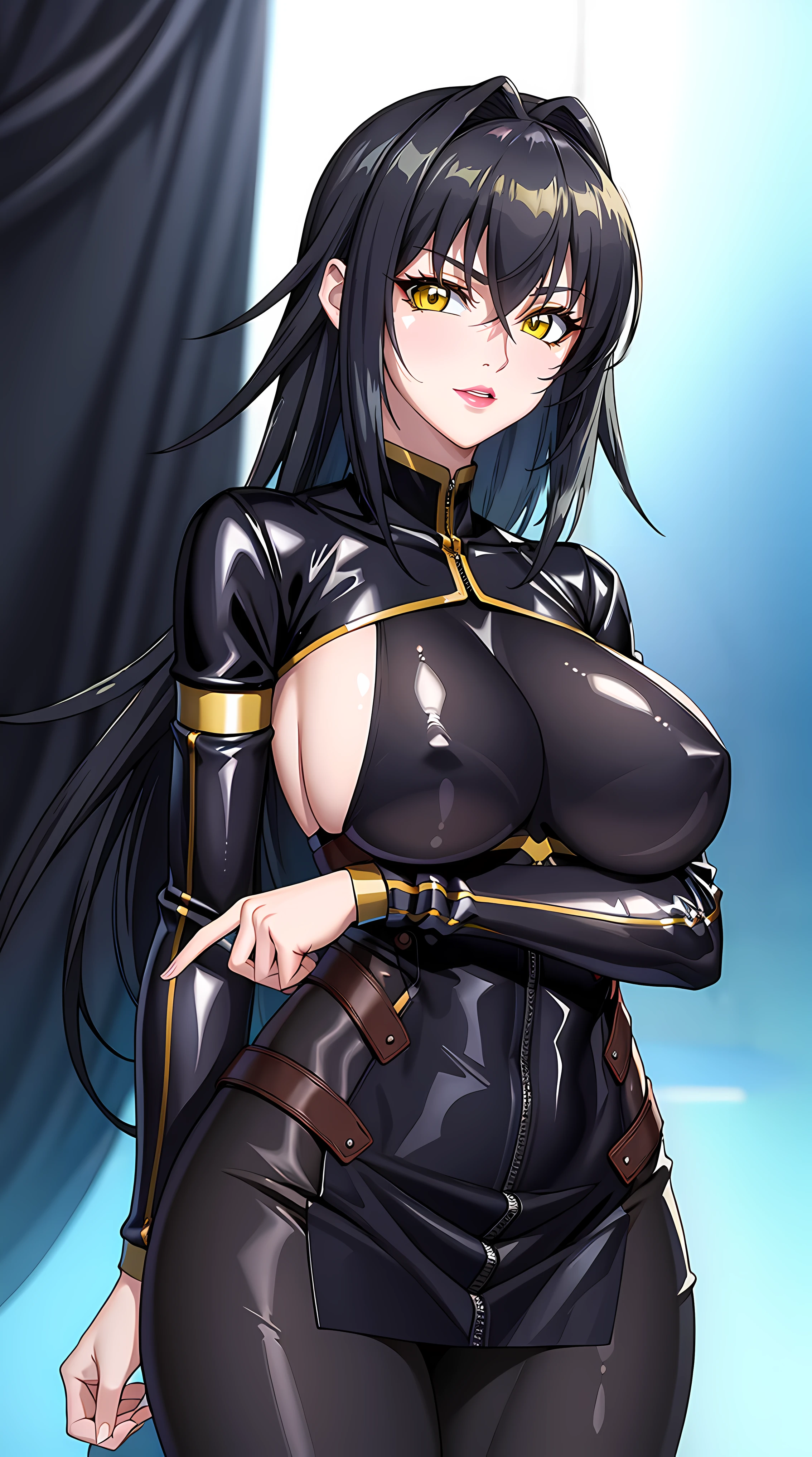 (masterpiece:1.4),(best quality:1.4), soft lighting, cinematic bloom, beautiful face, beautiful eyes, cowboy shot, photoshoot,
Annerose, 1girl, solo, female mature, black hair, long hair, yellow eyes, large breasts, bodysuit, black outfit, higheels, shiny clothes, skin tight, hair intakes, covered breasts, sideboob, extremely detailed character design CG unity 8k HDR, beautiful character design, professional art