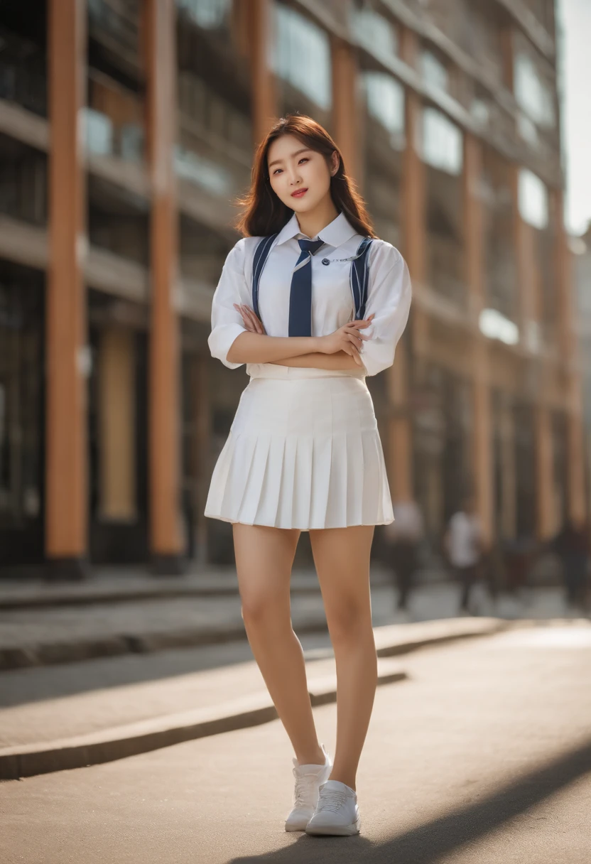 A young and beautiful Korean woman with her hair down, dressed boldly in a school uniform, posing and looking at the camera, in broad daylight, with Gangnam in the background.