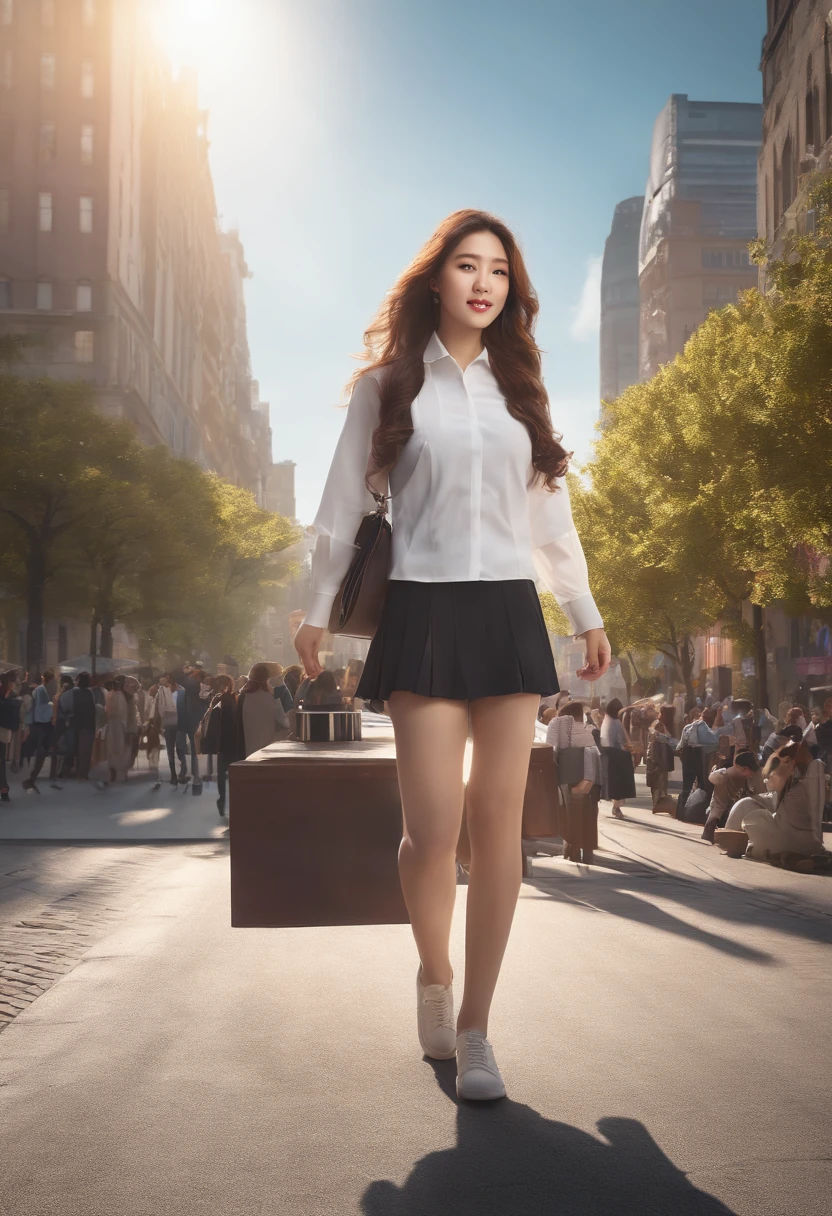 (best quality,4k,8k,highres,masterpiece:1.2),ultra-detailed,realistic,photorealistic:1.37,Korean woman,(long-flowing hair),(bold, vibrant, fashionable) school uniform,girl posing for the camera,piercing gaze,sunny day,Gangnam skyline,scenic view,colorful backdrop,energetic ambiance,urban landscape,lively atmosphere,modern cityscape,vibrant colors,bustling streets,high-rise buildings,Coffee shops and boutiques[bright and welcoming,clean and elegant,hipster vibes],pedestrians bustling,city life in full swing,brisk passersby,sunbeams,soft shadows,sunlit streets,cheerful mood,enigmatic beauty,mysterious atmosphere.