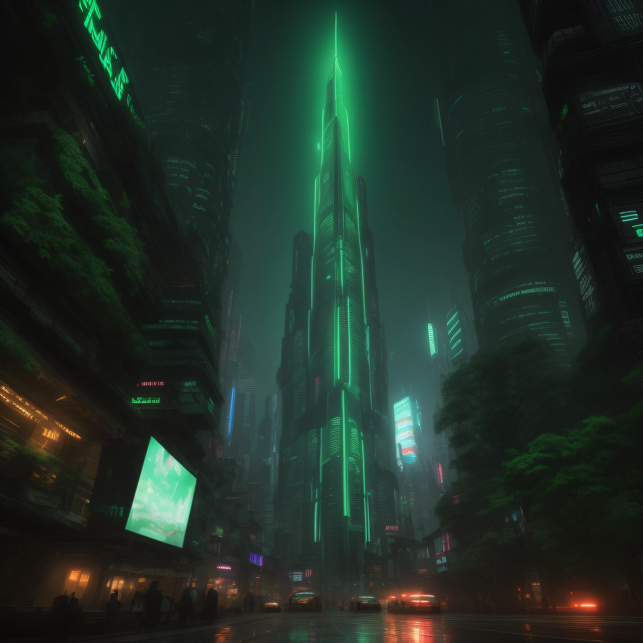 Futuristic city with skyscrapers and green lights in the rain, folhagem exuberante cyberpunk, Em Fantasy Sci - Cidade de Fi:, catedral cyberpunk, em uma cidade cyberpunk futurista, cyberpunk dreamscape, em cyberpunk city, Pintura Digital Sci-Fi, futuristic cyberpunk scenario, Sci - Cidade de Fi, arte cyberpunk blade runner, Arte conceitual 8K HD, Dark Cyberpunk Metropolis