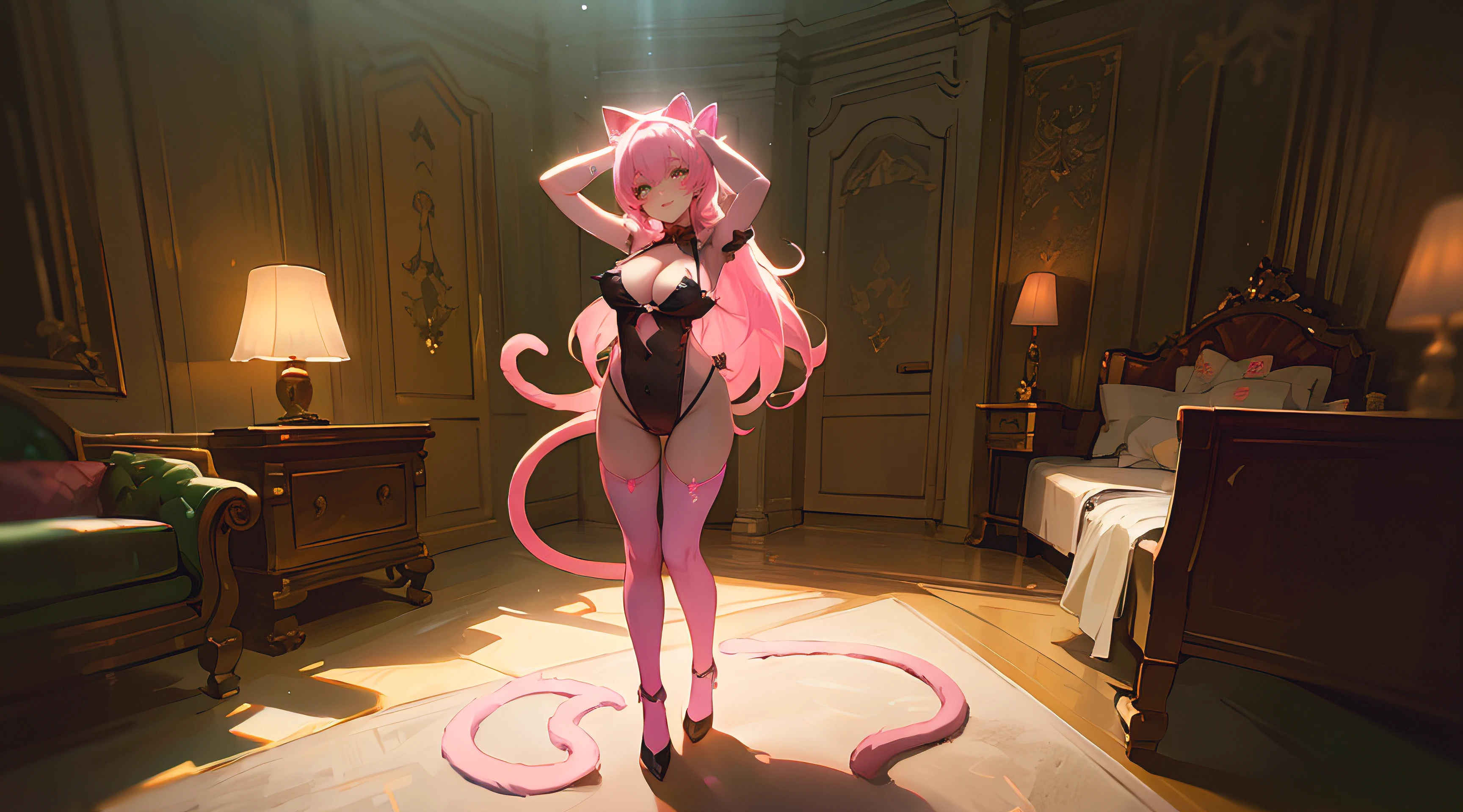 (Best quality,8K,A high resolution,Masterpiece:1.2),Ultra-detailed, Solo, Edge quality, Girl in the shape of an hourglass, Long hair, Pink hair, bangs, double tails, (Glowing eyes), (Green eyes), Pink lingerie, legwear, Arm sleeves, (Wear underwear), Cat cutouts, cleavage cutout, (standing, Arms up, Hands in hair), Bedroom scene, Seductive gaze, Seductive smile, (Backlight, softlighting).