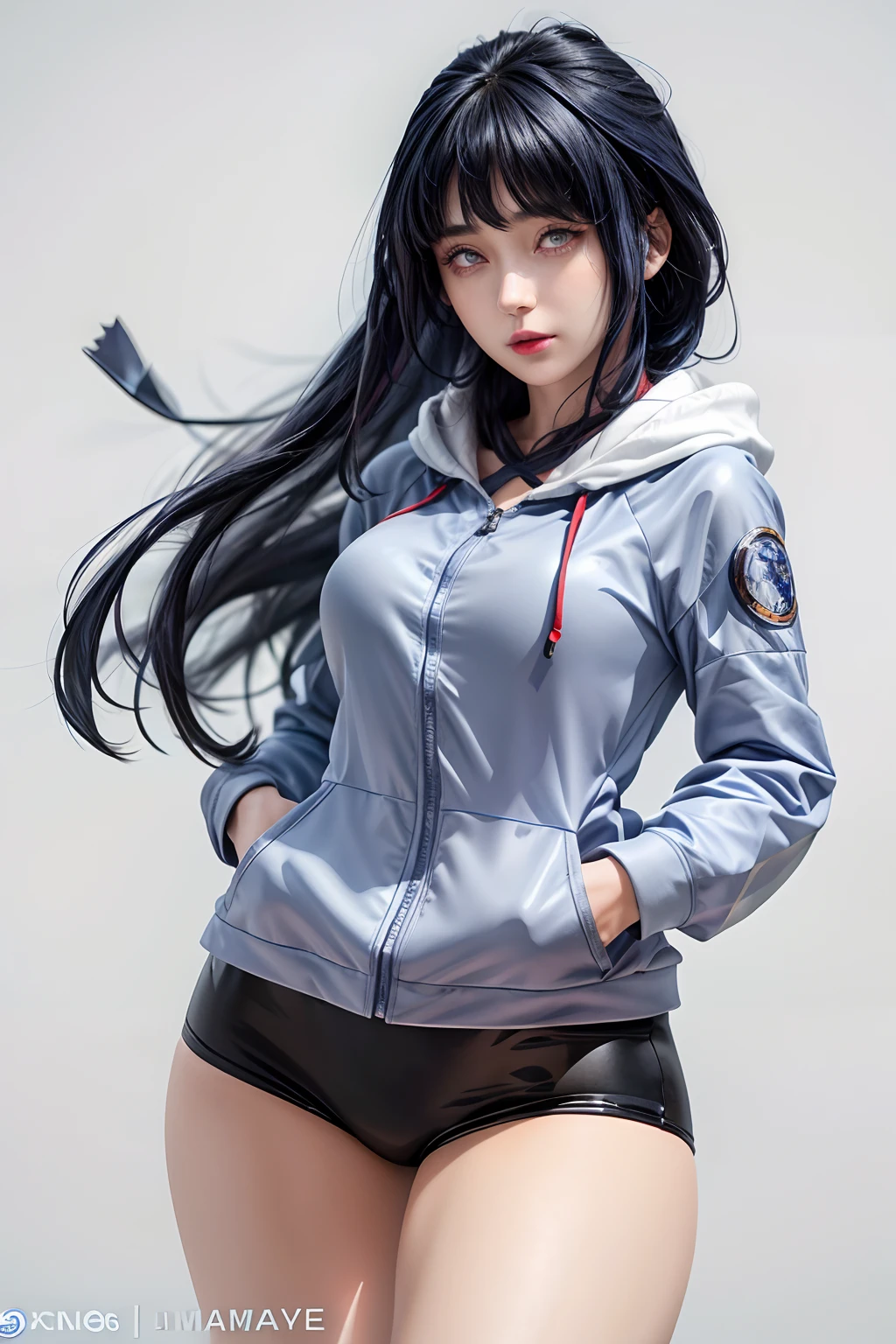 girl with a perfect figure and blue uniform, long hair, high contrast (Natural skin texture, Hyperrealism, Soft Ligh, sharp), portrait, full body, standing