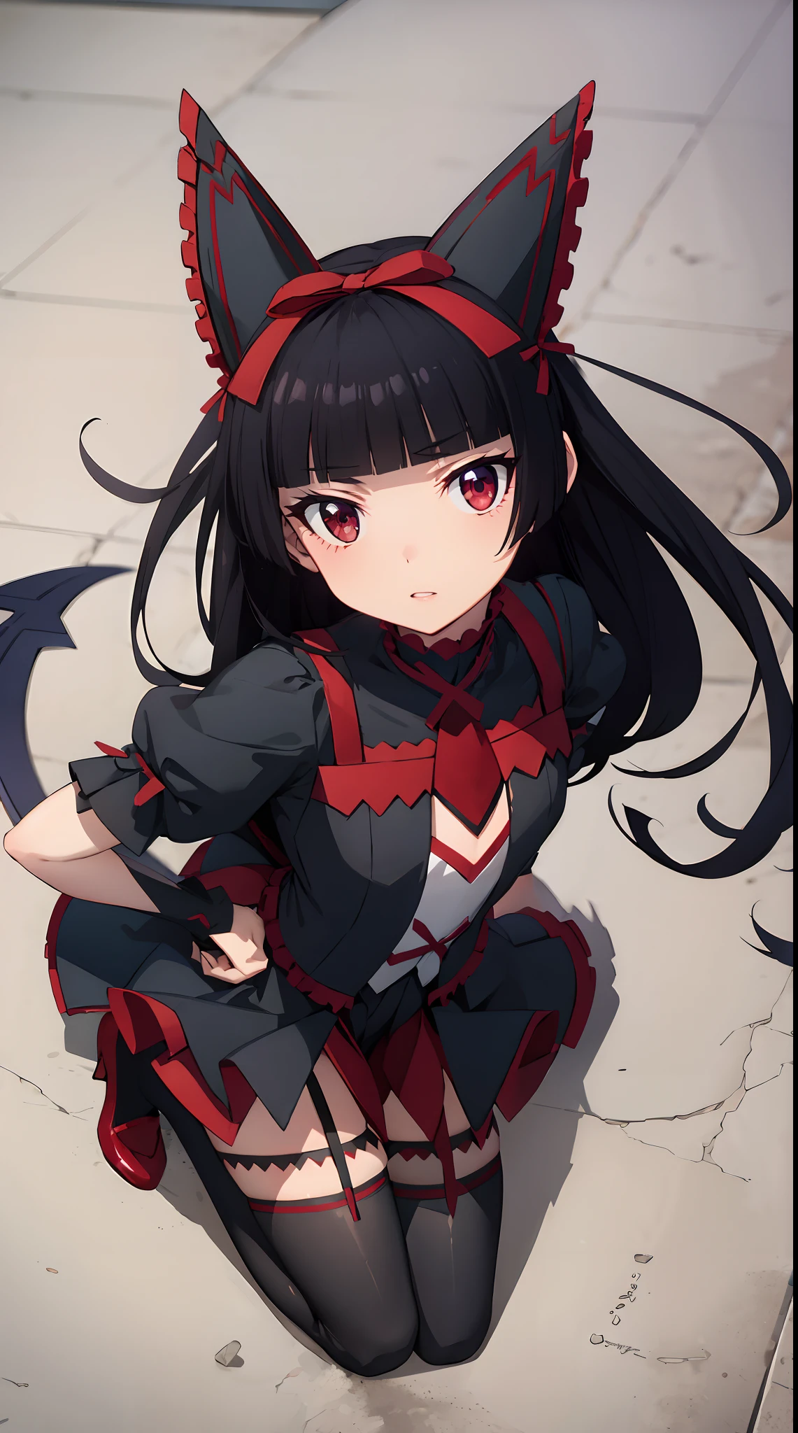 Rory Mercury, Rory Mercury, black  hair, blunt bangs, hime cut, hair ornament, red lipstick, hairlong, cute face, makeup, (small chest:1.2), (red eyes:1.5), BREAK Gothic underwear, the perfect body (little chest:1.3) Hornny,  BREAK in full growth, red shoes, BREAK Black Stockings, Black Gloves BREAK, black thighs, garter straps, gloves, gotik, Hair Bow, gothic fashion, puffy short sleeves, puffy sleeves, short sleeves, thights, thights,  BREAK of the starry night sky, night city, BREAK looks at the viewer, BREAK (Masterpiece:1.2), Best Quality, High Resolution, Unity 8k壁纸, (illustartion:0.8), (beautiful detail eyes:1.6), extremely detailed face, perfect  lighting, extremely detailed CGI, (perfect arms, perfect anatomy),