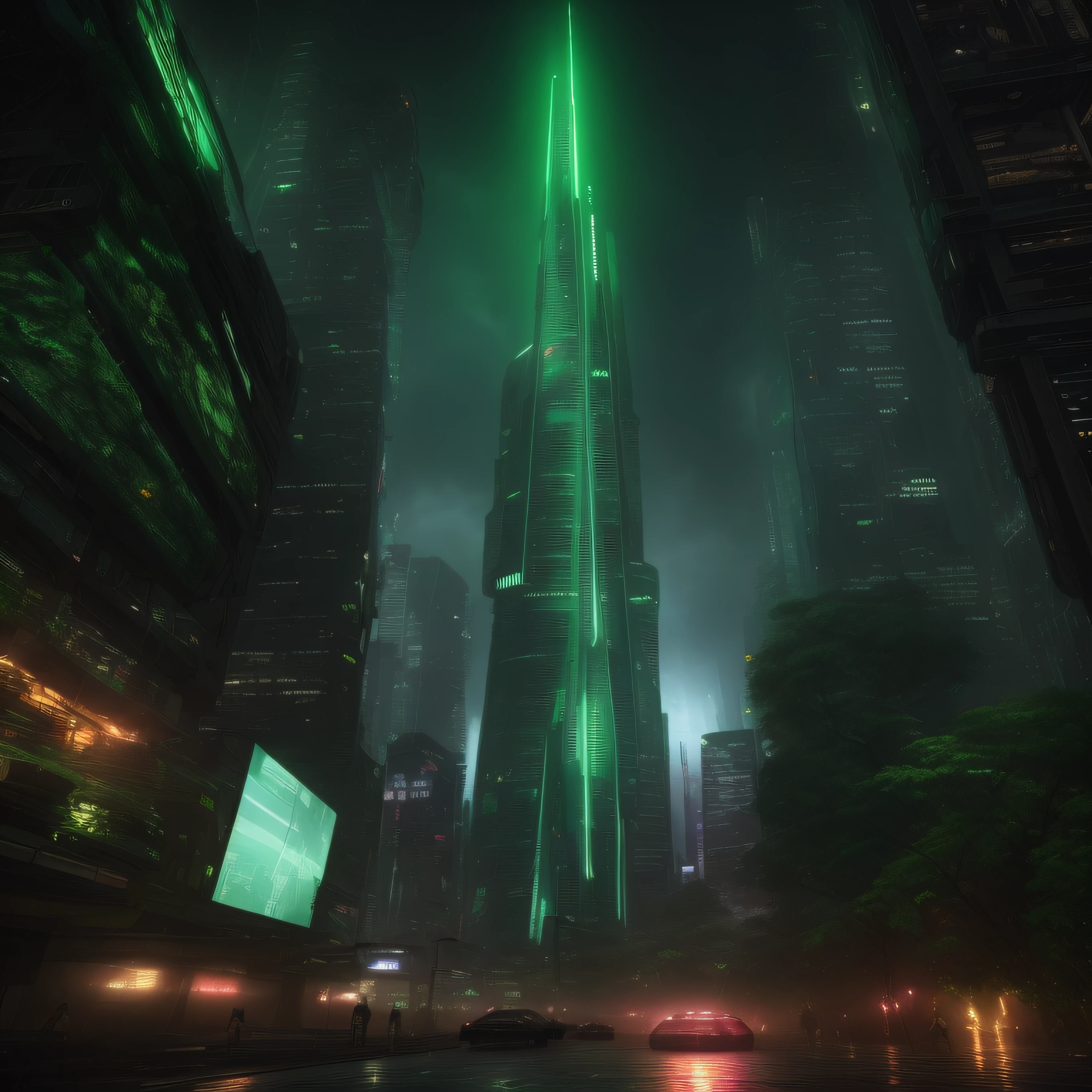 Futuristic city with skyscrapers and green lights in the rain, folhagem exuberante cyberpunk, Em Fantasy Sci - Cidade de Fi:, Catedral Cyberpunk, em uma Cidade Cyberpunk Futurista, cyberpunk dreamscape, em cyberpunk city, Pintura Digital Sci-Fi, futuristic cyberpunk scenario, Sci - Cidade de Fi, arte cyberpunk blade runner, Arte conceitual 8K HD, Dark Cyberpunk Metropolis