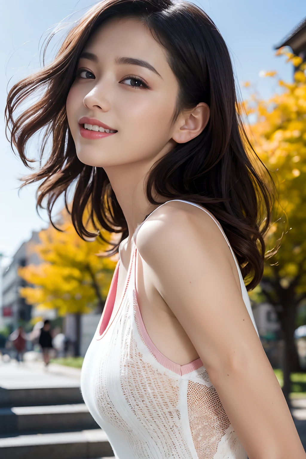 (8K,Raw photo、Raw photo、top-quality、Master masterpiece:1.2)、ultra-detailliert、Super Resolution、(Photorealsitic:1.3)、Angle to shoot from the front、Clearly draw shades of light、high resolution RAW color photos、professional photograpy、Same skin type as humans、Female proofreading of Japan from head to waist、Blur the background、Draws faithfully to anatomy、cafes、Very detailed and beautiful、Ultra-high image quality、long、Hair swaying and sexy、Very detailed beautiful girl、(Pink Eye Shadow)、smil、Plain clothe、Park on a sunny day、Loosely curly hair、sleeveless、look up sky
