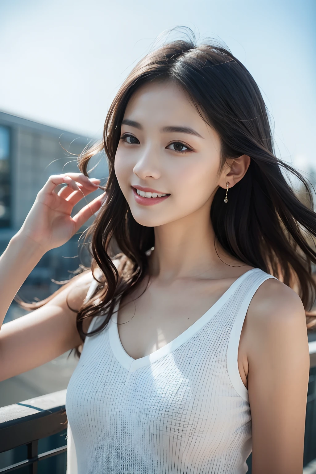 ((Highest quality, 8K, masterpiece: 1.3)), sharp: 1.2, Perfect Body Beauty: 1.4, ((Layered Hairstyles, Big Breasts: 1.5)), street: 1.2, Highly detailed face and skin texture, fine grain, double eyelid, Long black hair, Not tying hair, Turning his back, Butt, Lower Body, Thighs, Slender, pants, Tube top bra, Ribs are floating, Wet and shiny lips, Showing armpits, Lace pattern, Look Up, smile, Looking back here, The gaze is directed this way, plump