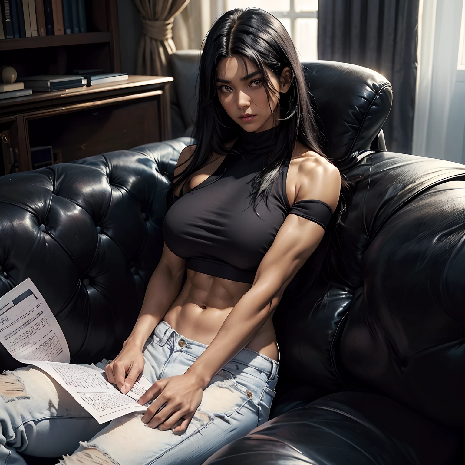 # Add tan,(tanned_skin:1.9),(dark_skin:1.9),(a Japanese woman sitting on the living_room sofa:1.5),(having a paper in her hands:1.8),(big_tits:1.7), (broad_shouldered:2.1),(bulging_biceps:2.1),(massive_deltoids:2.1),(a narrow waist:1.5),(six-pack abs:1.5),(big buttocks:1.5), (wearing a white sports bra and blue jeans:1.5), (no_make_up:1.5),(black_hair:1.5),(long_hair:1.5),(straight_hair:1.5),Luxury Apartment Room,Pose with slightly open legs,(look down with disdain:1.5),Hot body with sexy belly,beautiful countenance,Photorealistic perfect body,Asian,Sexy face,a cold expression,scornful,(big eyes:1.1),(the eyes resembling those of a cat:1.1),frowning,Black iris,thin nose,lofty nose