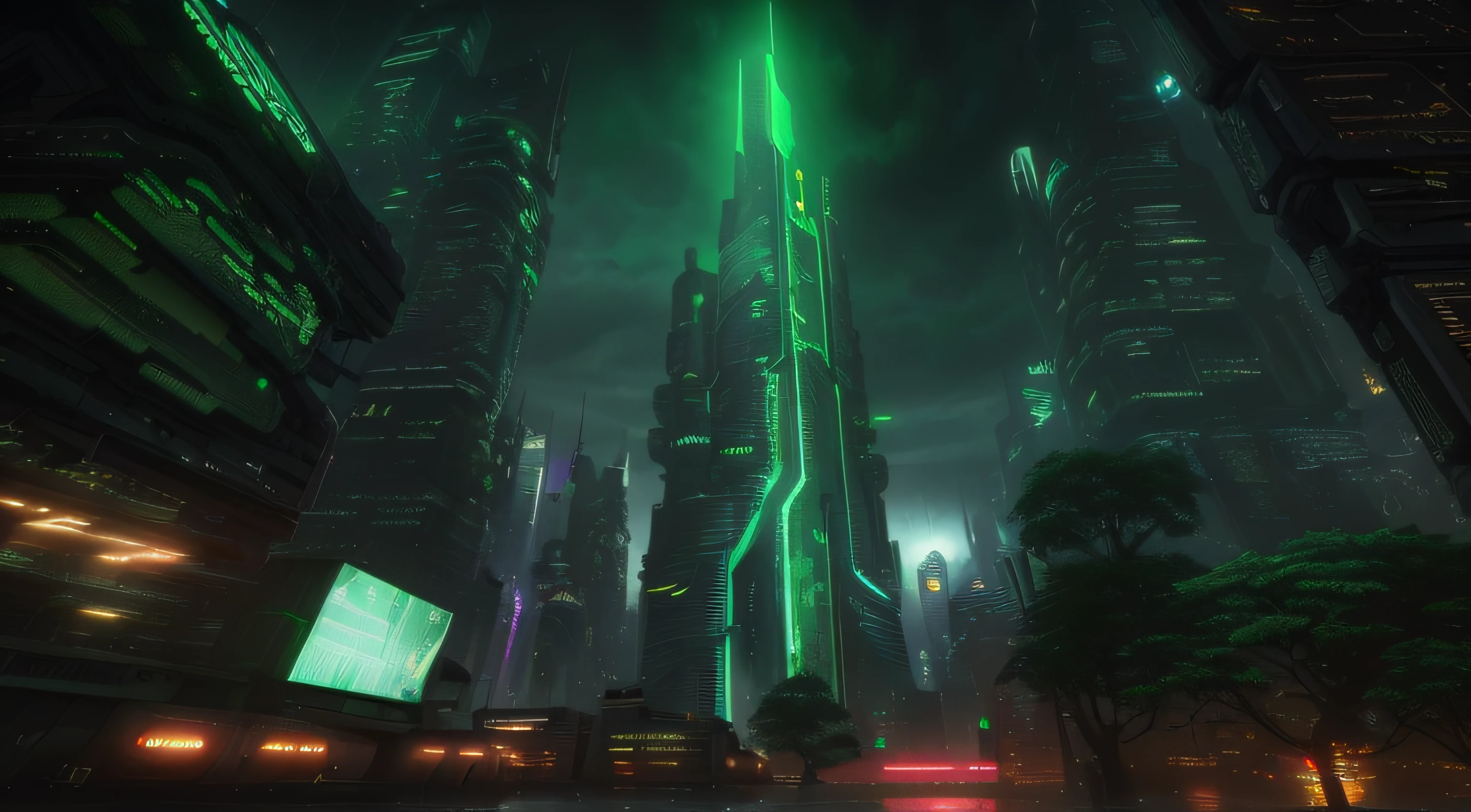 Futuristic city with skyscrapers and green lights in the rain, folhagem exuberante cyberpunk, Em Fantasy Sci - Cidade de Fi:, catedral cyberpunk, em uma cidade cyberpunk futurista, cyberpunk dreamscape, em cyberpunk city, Pintura Digital Sci-Fi, futuristic cyberpunk scenario, Sci - Cidade de Fi, arte cyberpunk blade runner, Arte conceitual 8K HD, Dark Cyberpunk Metropolis