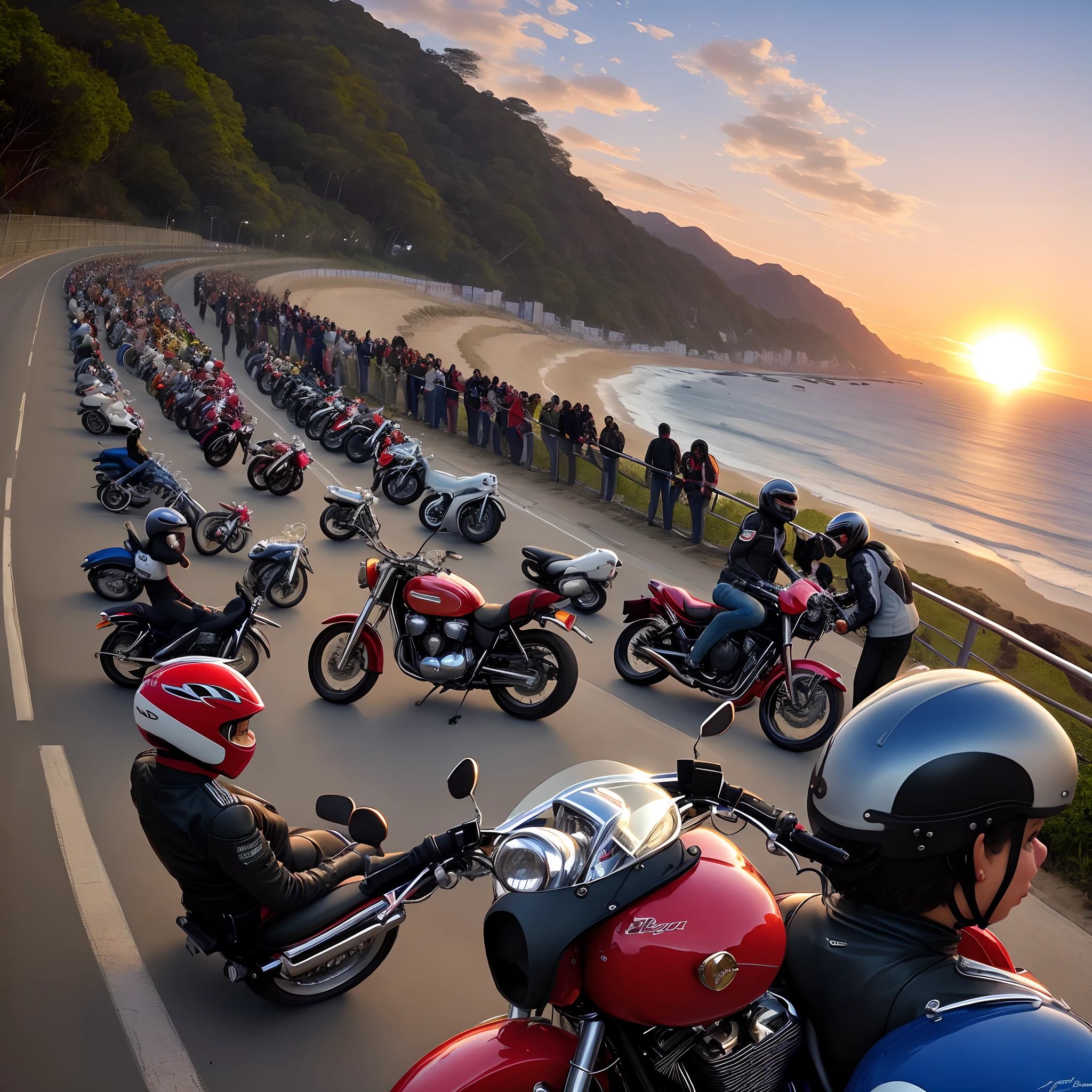 Motorcyclists' meeting at sunset, Birthday, festa, estrada, rio de janeiro, serra e mar. Linda bandeira tremulando ao vento. Motociclistas de colete sentados na mureta, guard rail.