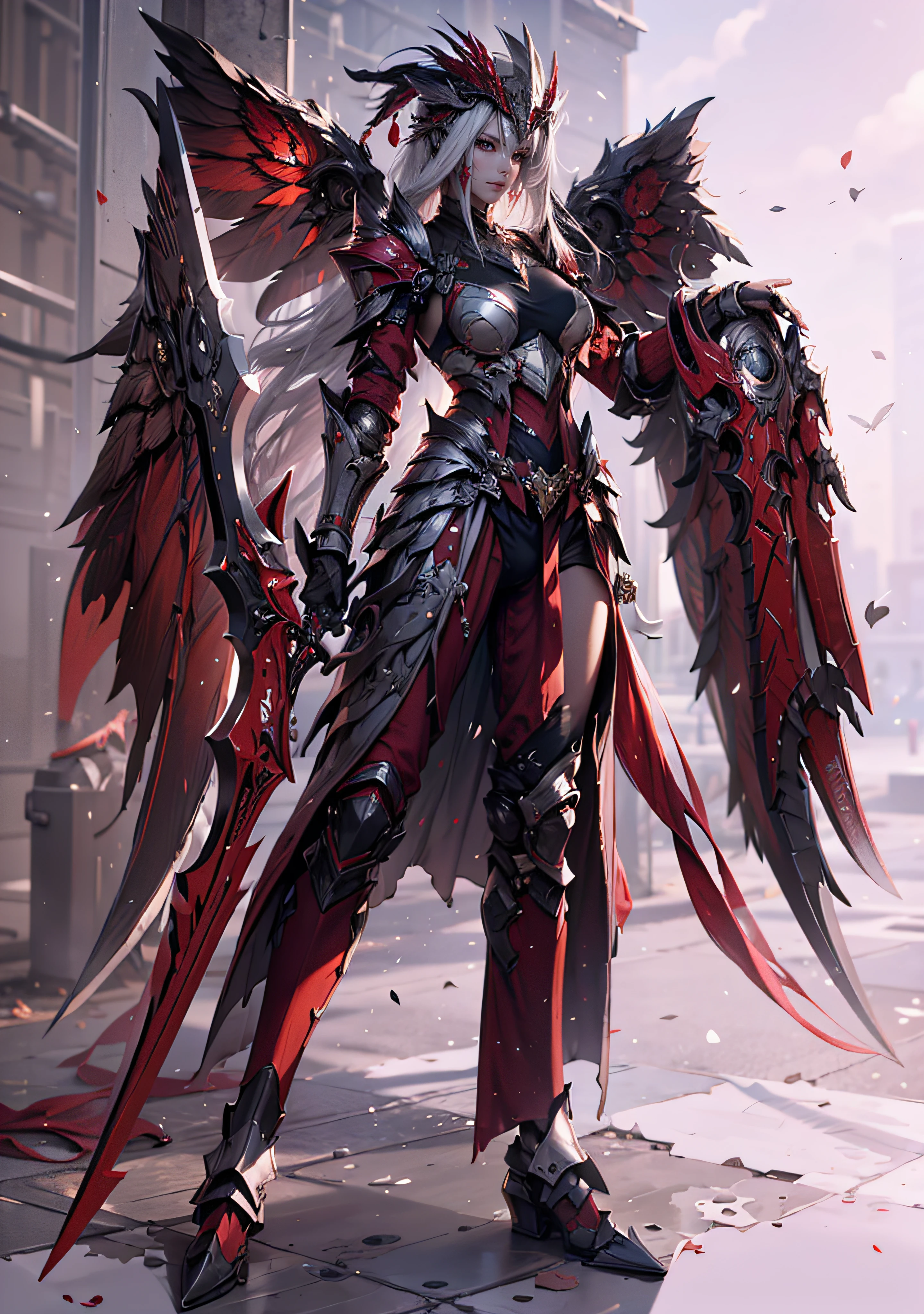 Dragoon armor，Perfect face，feathered headdress，Metal ornaments，Black underwear，Unreal 5，Double knife。white thighhig，A pair of big wings on the back