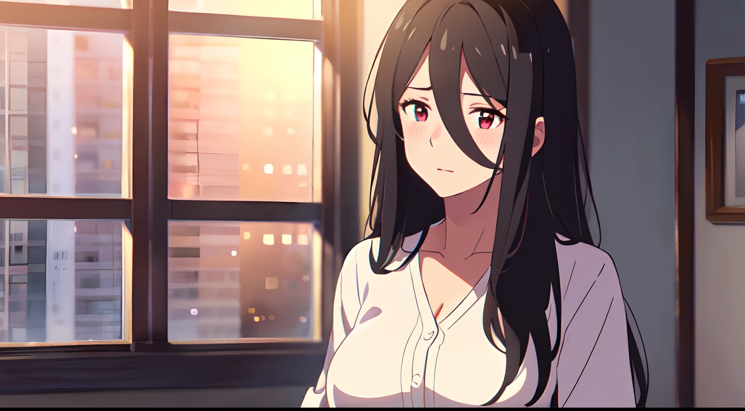 masterpiece, best quality, 1girl, (mature woman), solo, long black hair, hair between eyes, with red eyes, white blouse, medium breast, night window, indoor, blush