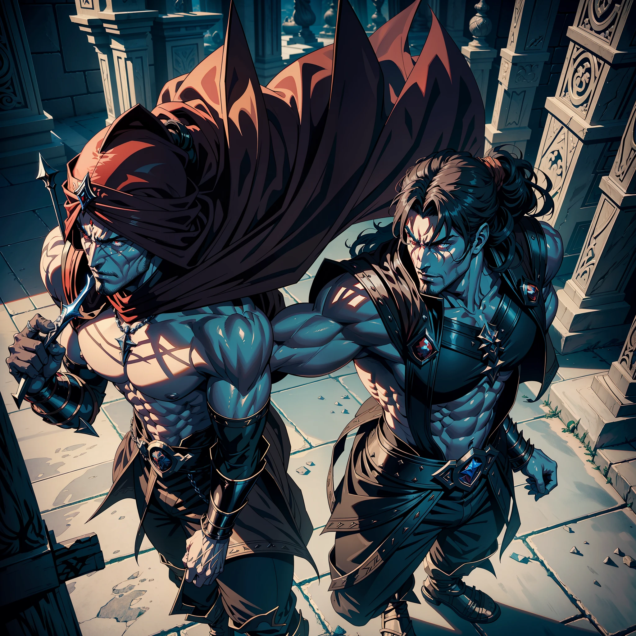 Castlevania Hyper Realistic Shadow Lord Super Detailed Dynamic Shot Centerpiece Cutscenes Epic Scenes Legendary Movie Lord Dracula Handsome Muscular with Red Islamic Turban and Moroccan Armor Lord Hokuto no Ken Kenshiro Face Structure Fight 10 Great Devils with His Great Legendary Moroccan Sword Super Detailed Hyper Realistic Battle Atmosphere Dynamic Shot Master Piece Deep 3D Camera View Deep Great Combat Environment