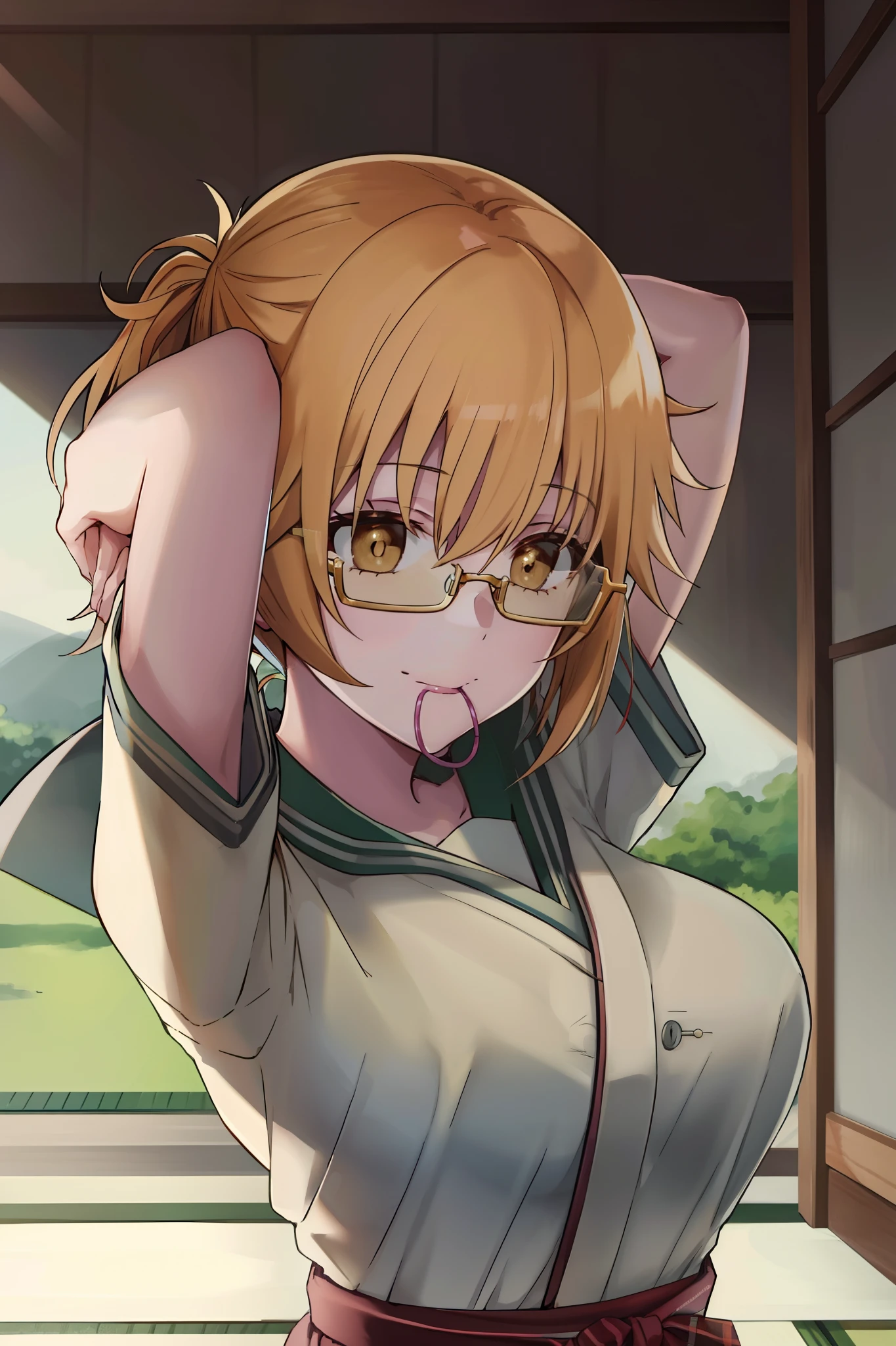 1girl, masterpice, high quality, best quality, good anime picture, misaki, ((school uniform)), twin braids, ((collar)), hair ornament, upper body, big breasts, dynamic light and shadows, smile, (adjusting eyewear:1.2), multicolor outfit, yellow hair, japanese background, 1girl, beautiful face, hair tie in mouth, white hair, arms behind head