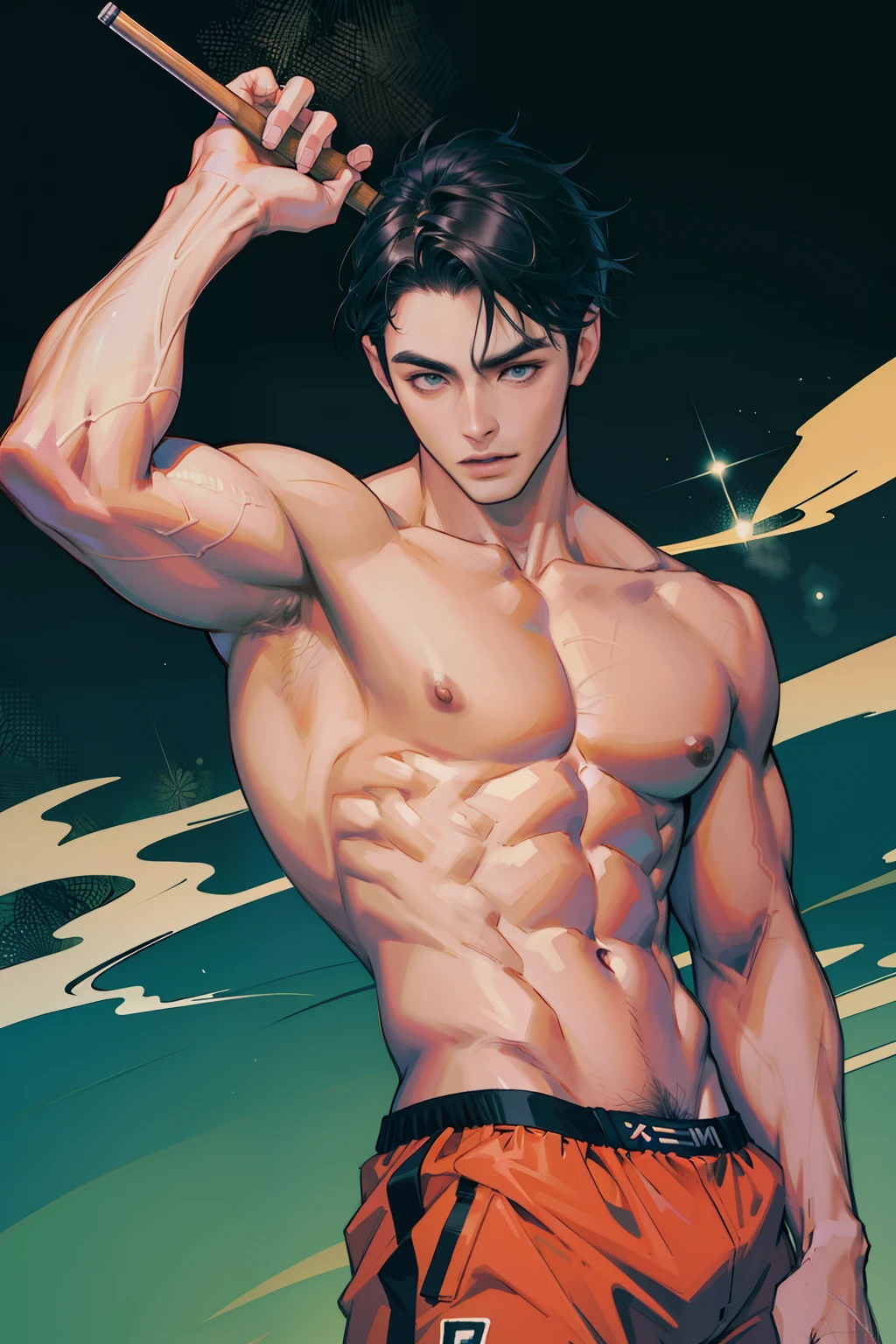 Homem coreano, pose sexual, sem camisa, curva