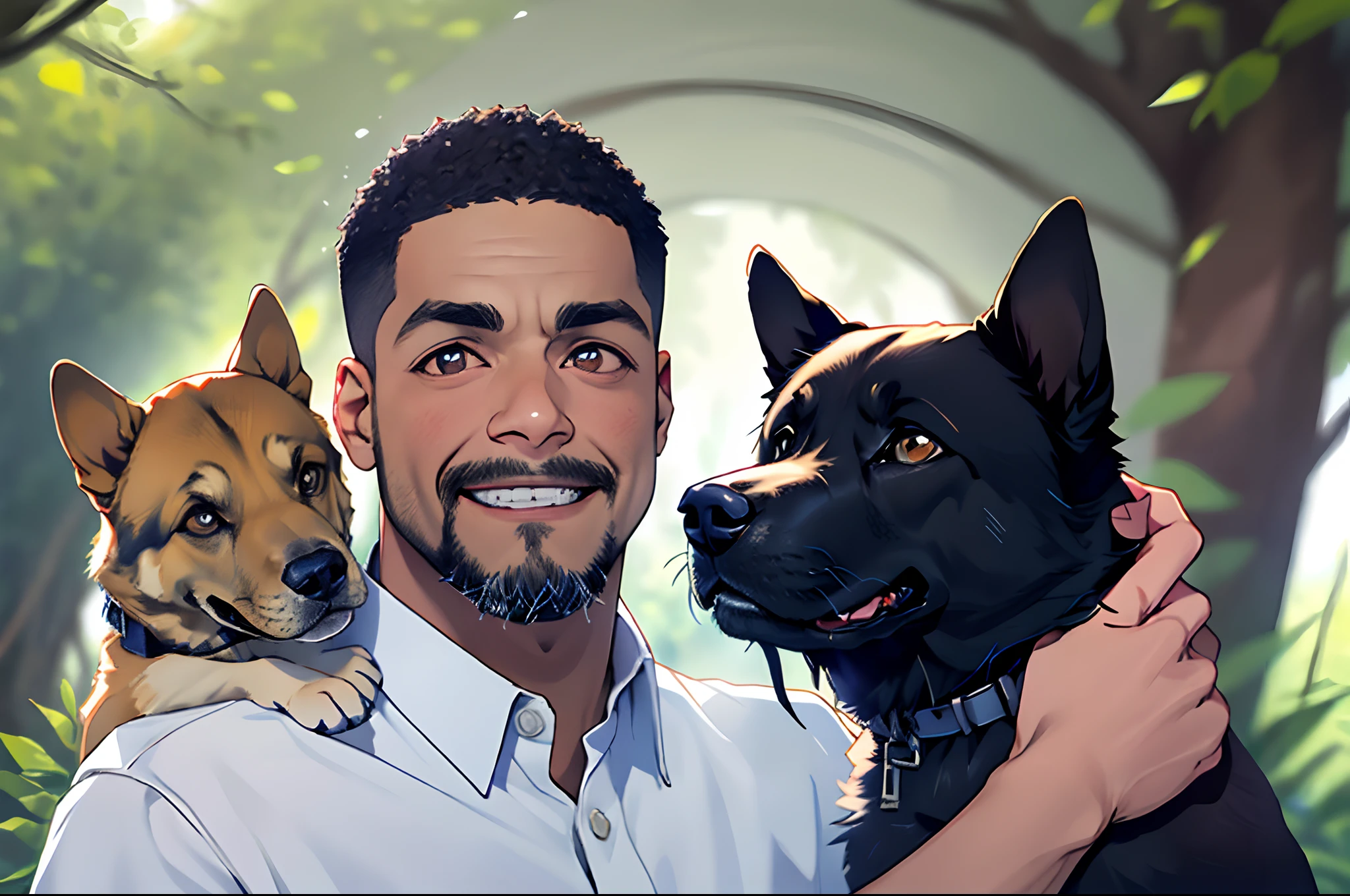 1man. a thinly bearded black man and a very short-haired German shepherd dog, roupas de caminhada, na floresta, o cachorro lambendo o rosto do homem, o bem detalhado, foco facial, sorriso feliz, Warm the heart