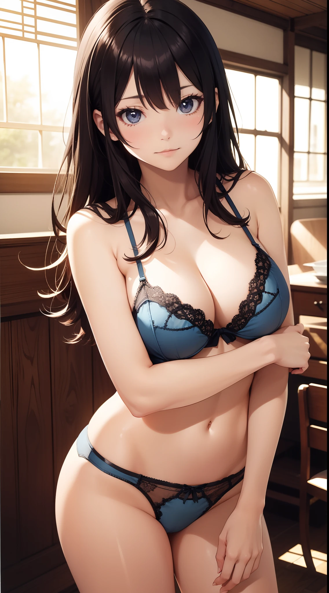 masutepiece、hight resolution、1girl in、in one's underwear only、Seven Colors of Lingerie、large full breasts、cowboy shot、Cute anime illustration、