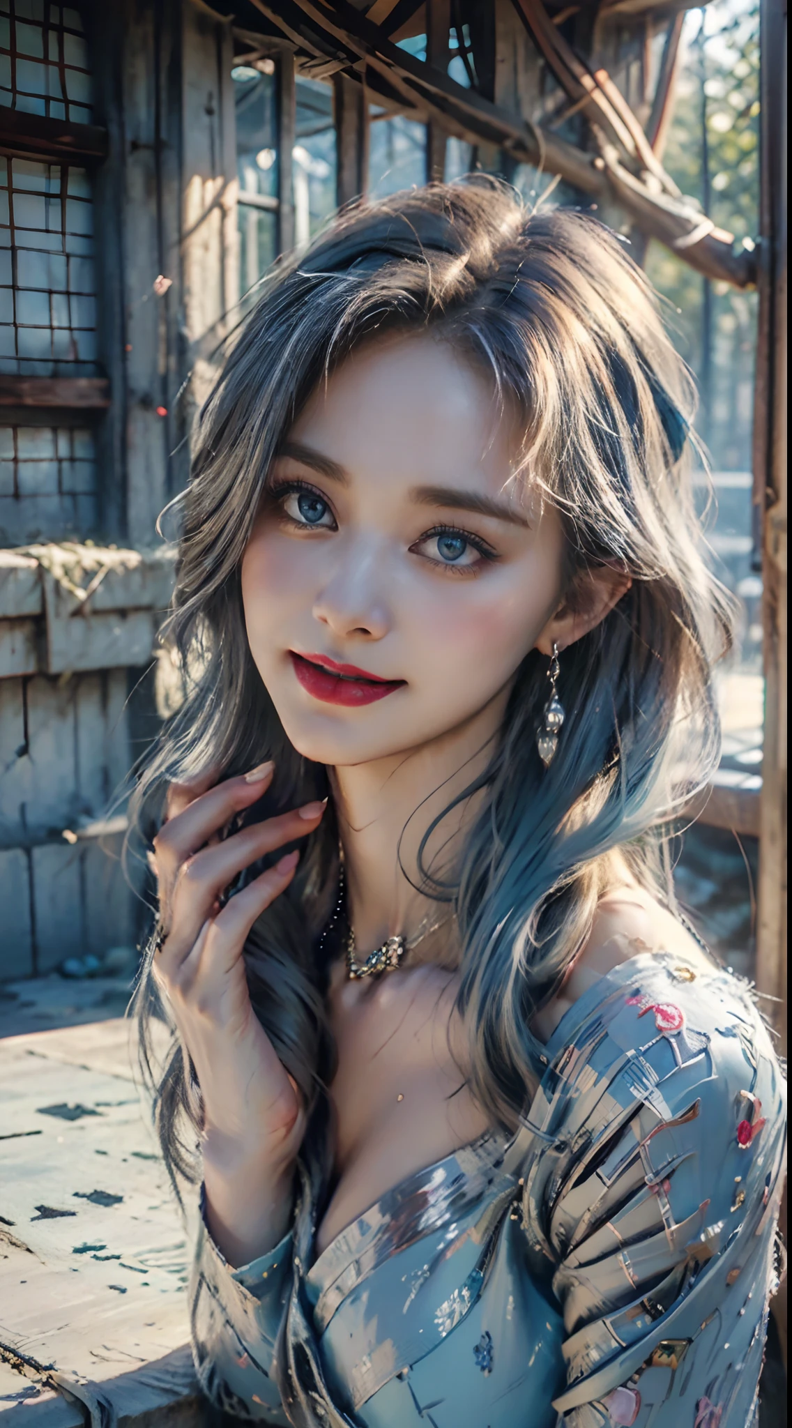 Realistic, full body portrait of a young girl, perfect body, perfect professional pose, 20 years old. Musical blue hair, beautiful realistic light blue eyes; beautiful white teeth, happy smile, attractive, make up the world's most beautiful perfect face overall, hand painted meticulously detailed highest image quality 3d 8k, perfect white skin, beautiful look, multicolor liquid acrylic, wet marble body, Michael Garmash, Daniel F Gerhartz, cinematic lighting, waterfall scene, volumetric lighting, clean and smooth art, smooth pulp adventure , ornate patterns, elegant organic frames, surrealism, masterpiece collections, realistic colors, wet gouache. Highest image quality, most detailed 8k.