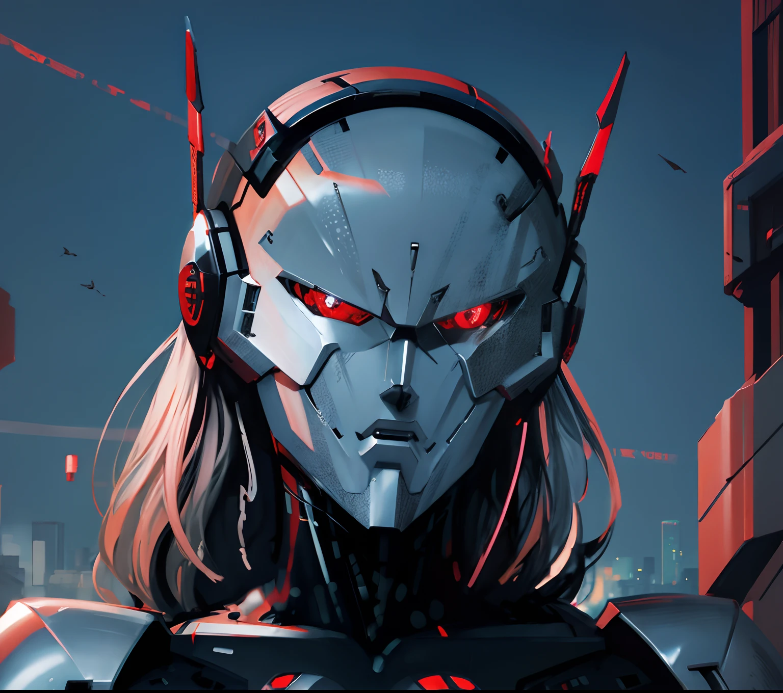 mecha, robotic, chrome face, shine red eyes