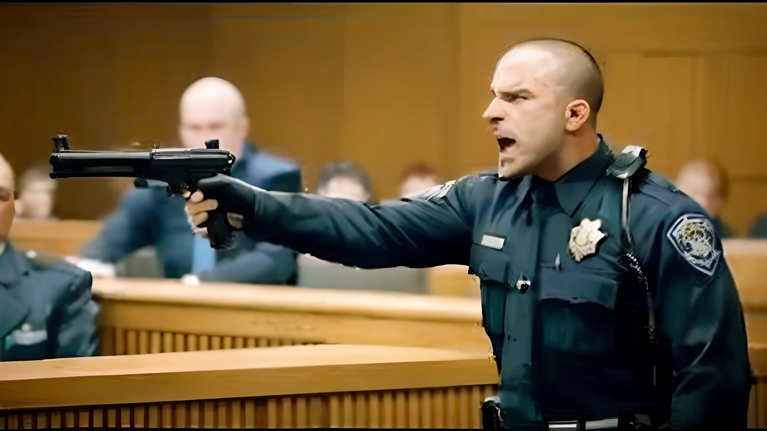 arafed police officer pointing a gun at a courtroom, cop, he has a pistol!!, menacing!!!, menacing, police shootout, pointing a pistol at us, violent, police state, courtroom scene, powerful scene, youtube thumbnail, in court, in a courtroom, violence, menacing!, gunfire, defense attorney, unarmed combat, police officer hit