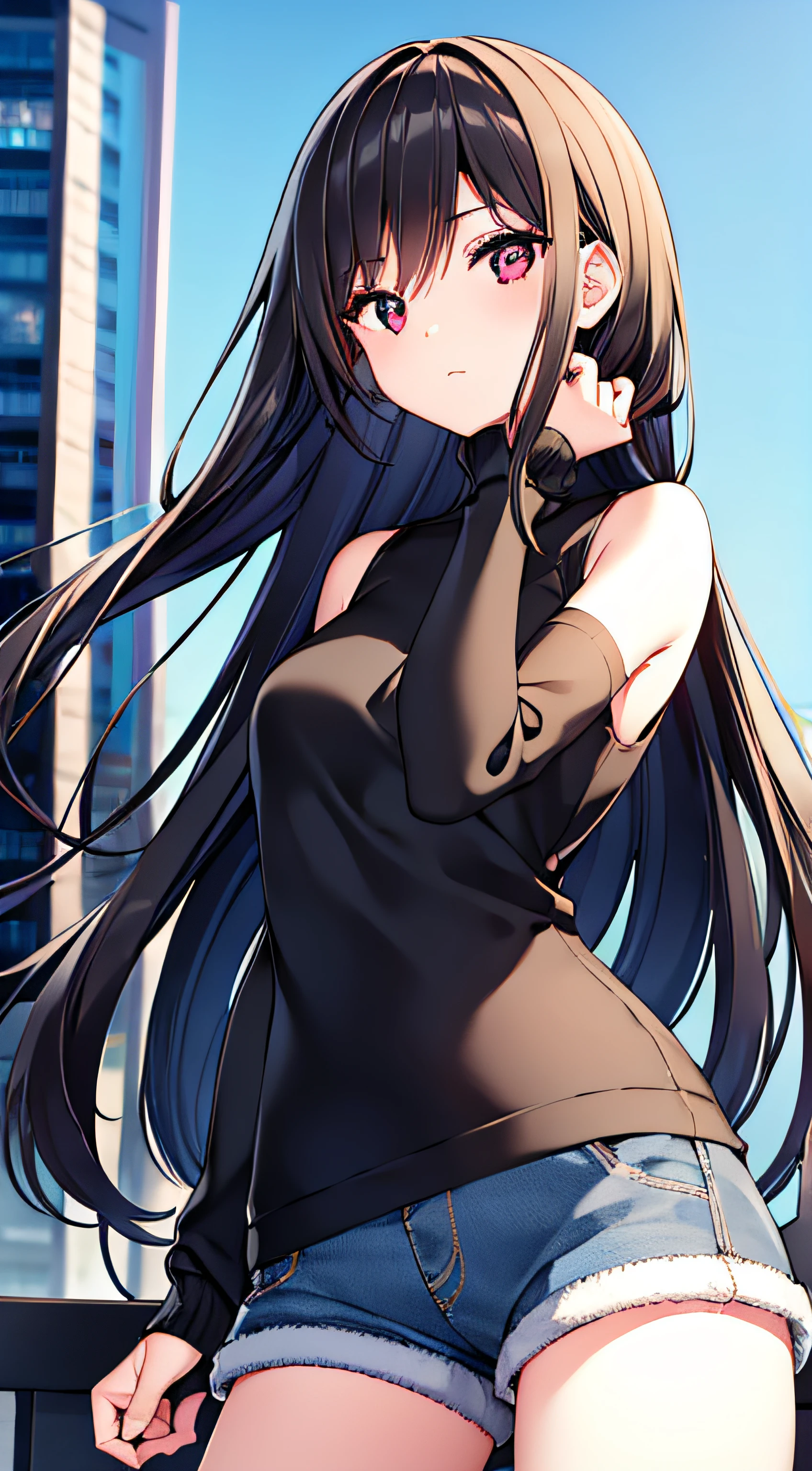 1 girl, long black hair, crimson eyes, wearing black sleeveless sweater, denim shorts, city background, high resolution, looking at viewer, blushing