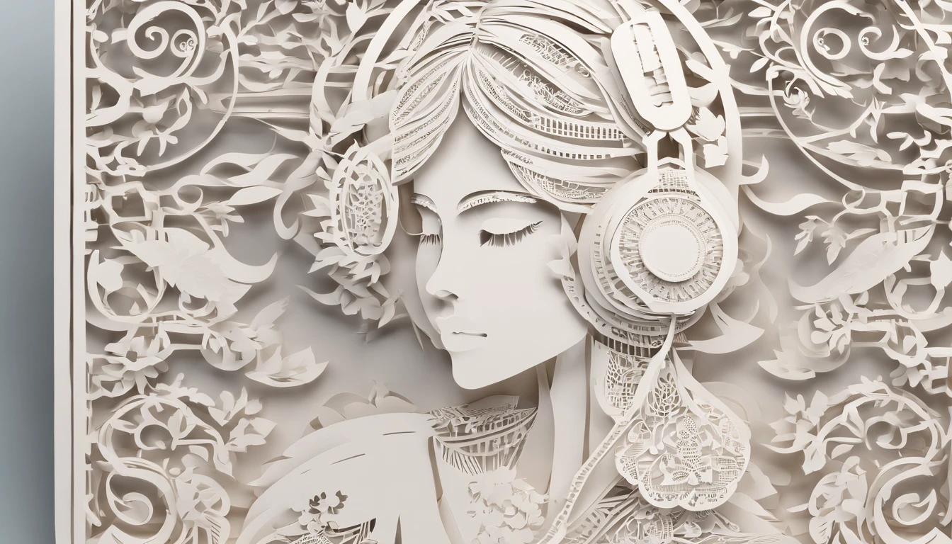 woman with headphone telemarketing paper cut