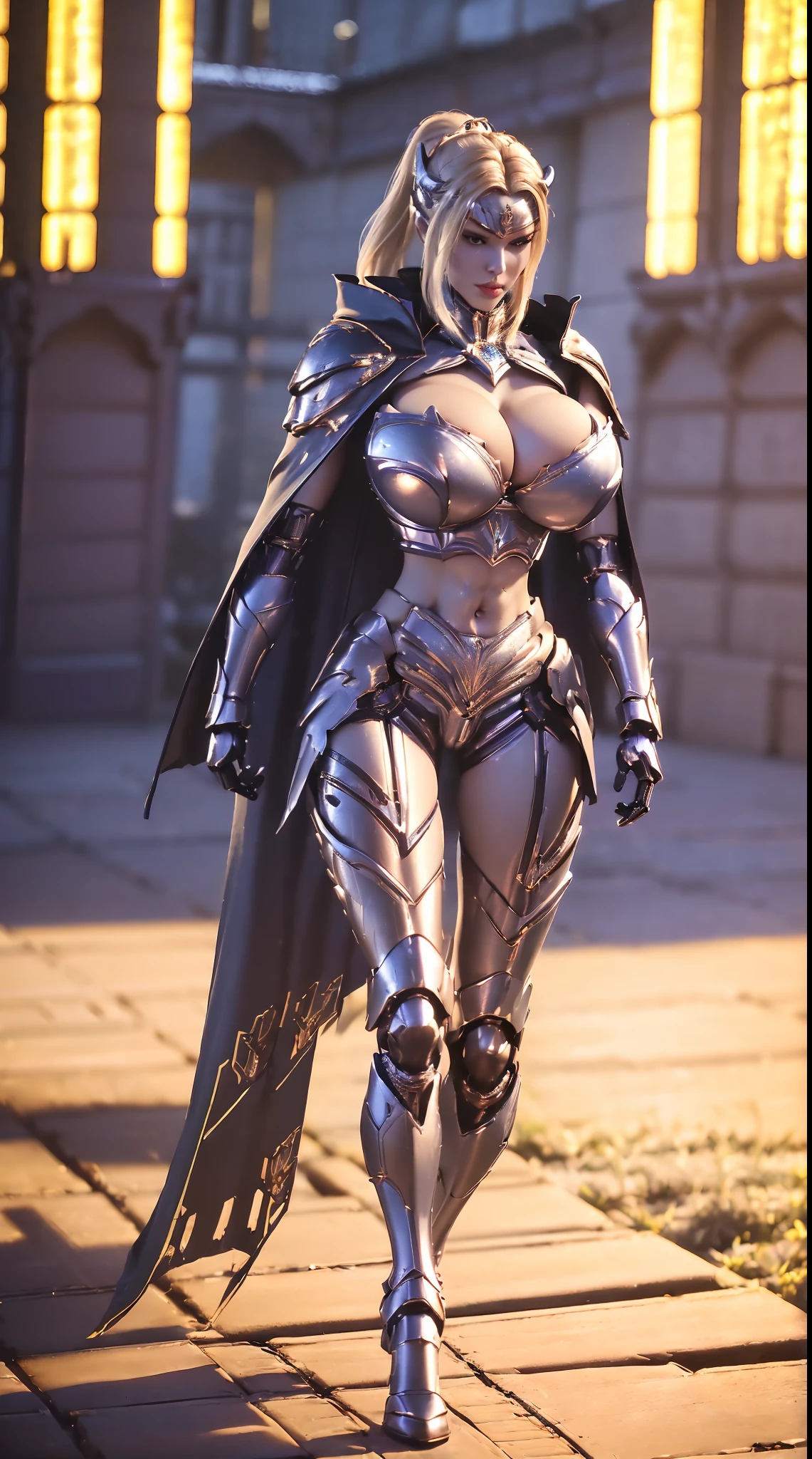 1GIRL, SOLO, PONYTAIL, HAIR ORNAMENT, (HUGE FAKE BOOBS:1.3), (MECHA ARMOR CROP TOP, ROYAL CAPE, CLEAVAGE:1.5), (SKINTIGHT YOGA PANTS, HIGH HEELS:1.2), (SEXY BODY, MUSCLE ABS, LONG LEGS, FULL BODY:1.5), (LOOKING AT VIEWER:1.5), (WALKING DOWN STREET CYBER NIGHT CITY:1.2), ULTRA HIGHT DEFINITION, 8K, 1080P.