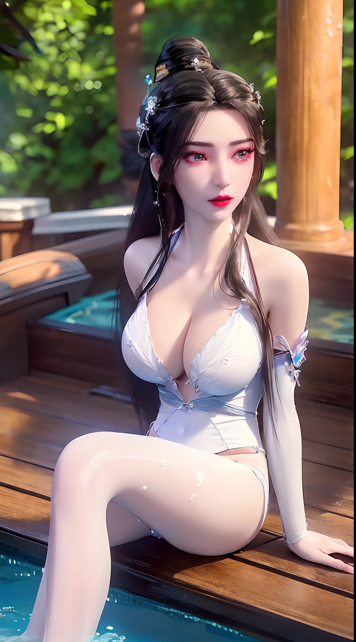 1 beautiful and sexy 20 year old girl, ((wearing a white thigh-length swimsuit:2)), ((Swimsuit with deep cleavage and very sexy:2)), girl sitting by the edge of the swimming pool, not wearing pants, sexy hanfu style, ((long black hair:1.7)), jewelry elaborately made from precious stones and beautiful hair, the noble, noble style of an extremely beautiful girl, her small face is super cute, her face is very pretty, thin eyebrows, flawless beautiful face, ((black eye pupils: 0.8)), very beautiful eyes, ((pale platinum color eyes: 1)), (((big round eyes:1.6))), nice makeup and hair detailed eyelashes, steamy eye makeup, high nose, earrings, red lips, ((closed mouth: 1.5)) beautiful lips, slim hands, most beautiful thighs, ((arms spread out to the sides: 1.5)), rosy face, clean face, flawless beautiful face, smooth white skin, plump body, beautiful cleavage, (((breasts are round and full: 1.8))), beautiful breasts, perfect body, ((put girl's arms behind her back:2)), chest out, ((Sitting position next to the pool:1.6)), ((Open your legs:1.5)), not ashamed, 8k photo, super high quality, super realistic, super 10x pixels, optical, bright studio, bright edges, dual-tone lighting, (high-detail skin:1.2), super 8k, soft lighting, high quality, volumetric lighting, photorealistic, photorealistic high resolution, lighting, best photo, 4k, 8k quality, smooth sharp, 10x pixel, ((outdoor swimming pool background:1.5)), aurora, lightning, super graphics realistic, most realistic graphics, 1 girl, alone, solo, Extremely sharp image, surreal, ((portrait:1.5))."