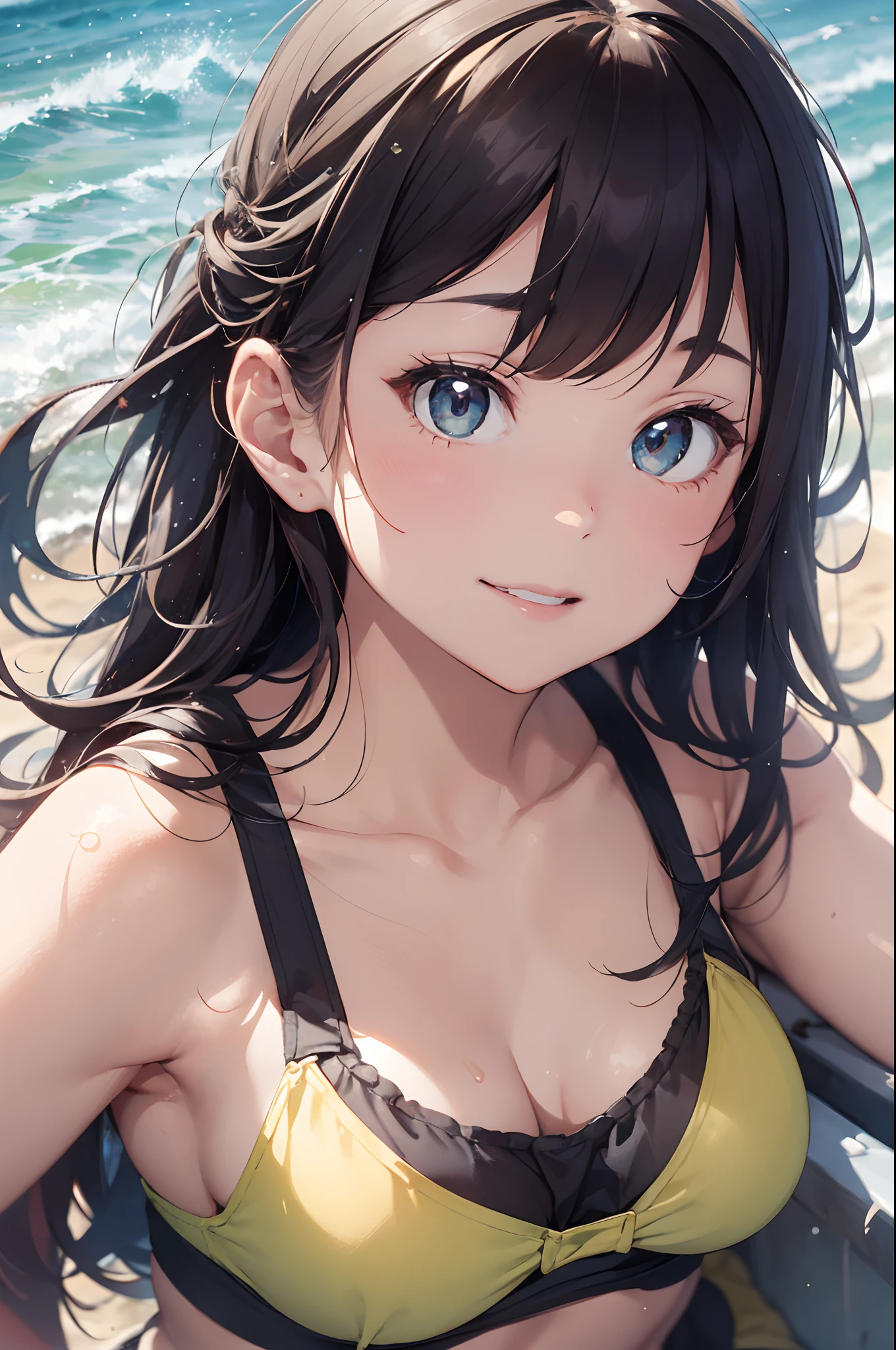High resolution,
One beautiful young woman,
(soft saturation: 1.3), (fair skin: 1.2),
(ultra-detailed background, detailed background), bokeh,
Portrait of smiling girl breaking. When viewed from the front, the composition is symmetrical.
Look straight at you with serious eyes and break
yellow swimsuit, yellow bikini, middle breast,
outdoor, sea surface, sky, sunshine, summer beach, sand,
strong light, front light,
(Teenager: 1.3), (Cowboy Shot: 1.2), Break
angle from the front,
Look at the viewer,
Dynamic Pose,
Sitting on the beach
Wakame, wakame, wakame, wakame, wakame, wakame, wakame,