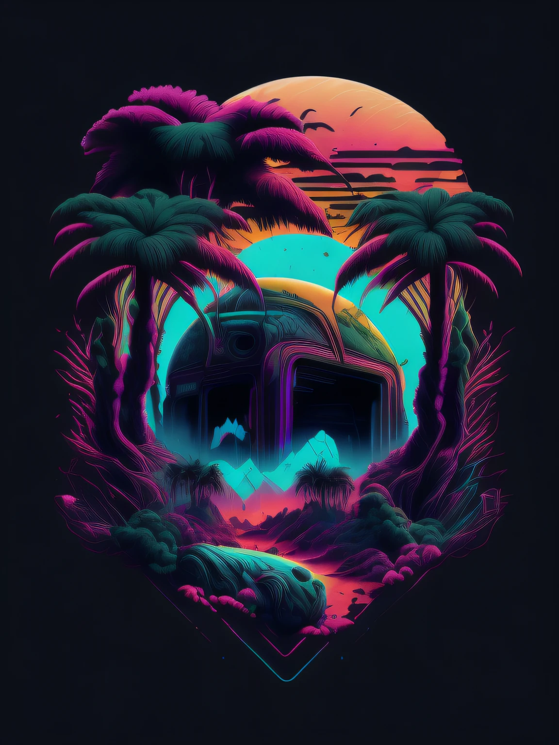 psicodelic, imagem vetorial, design de camiseta, isolado, fundo preto, futuristic 3D illustration, uma arvore ancestral